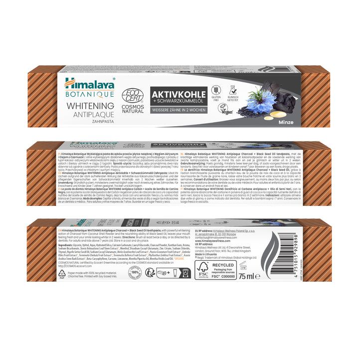 Verpackung der Himalaya Botanique Whitening Antiplaque Zahnpasta Holzkohle + Schwarzkümmelöl.