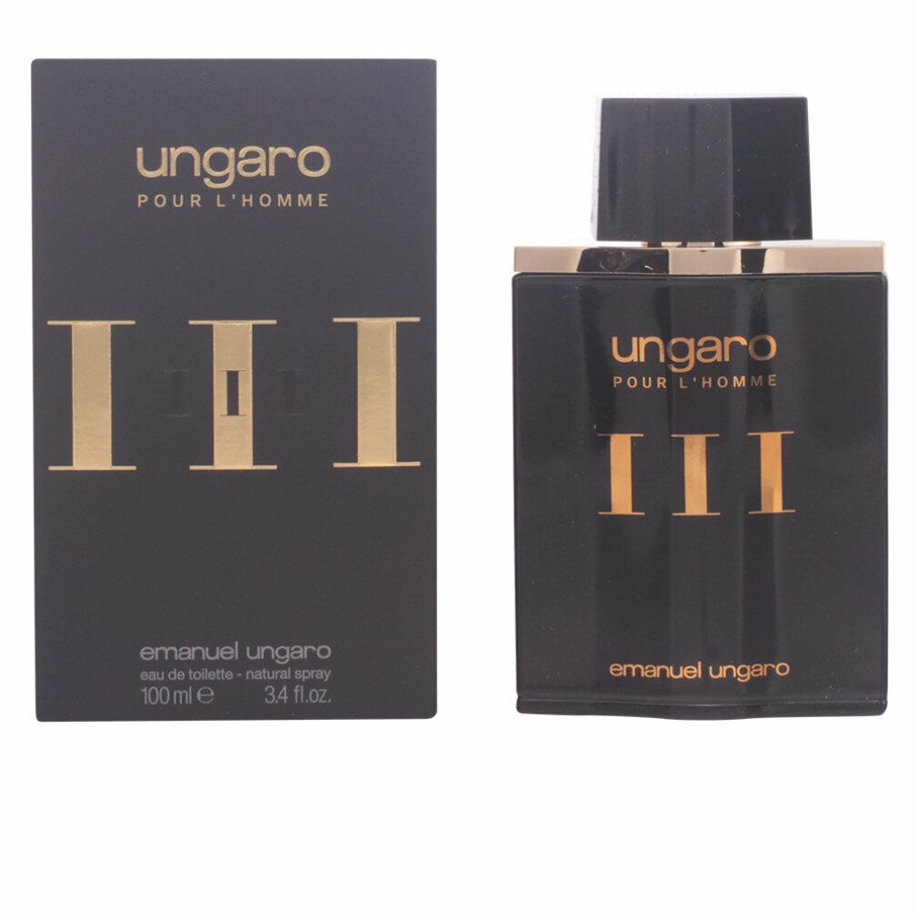 Schwarze Flasche und Karton. Auf der Flasche steht "ungaro POUR L'HOMME III". Auf dem Karton steht "emanuel ungaro eau de toilette".