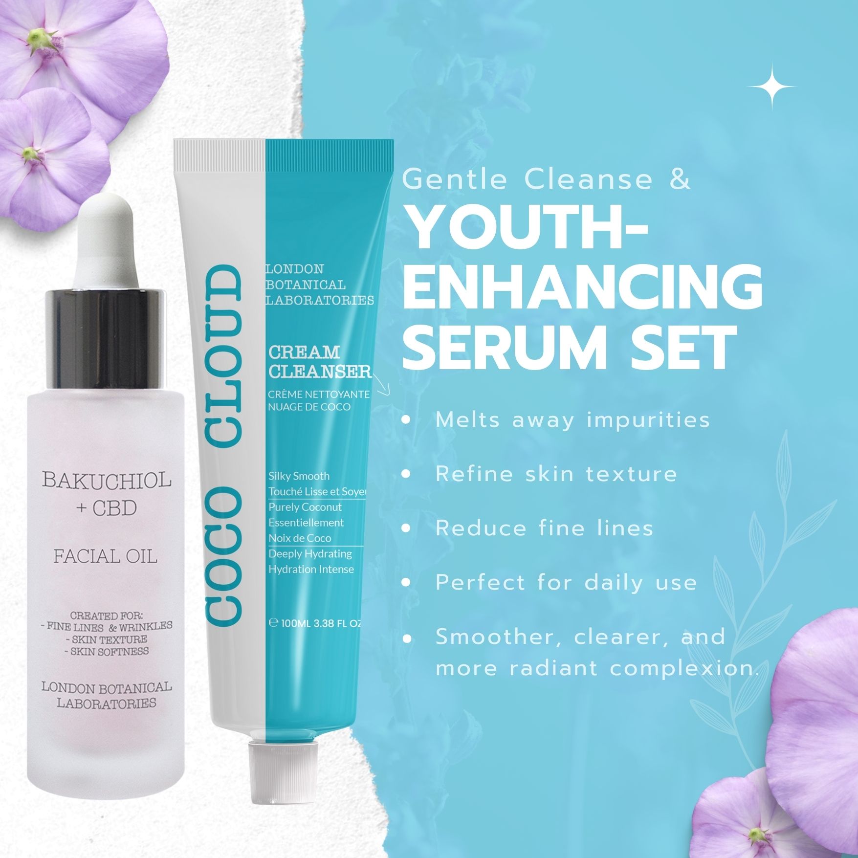 Gesichtsöl und Reinigungscreme. Flasche mit Pipette und Tube. Aufschrift: Bakuchiol + CBD, Coco Cloud, London Botanical Laboratories. Text.