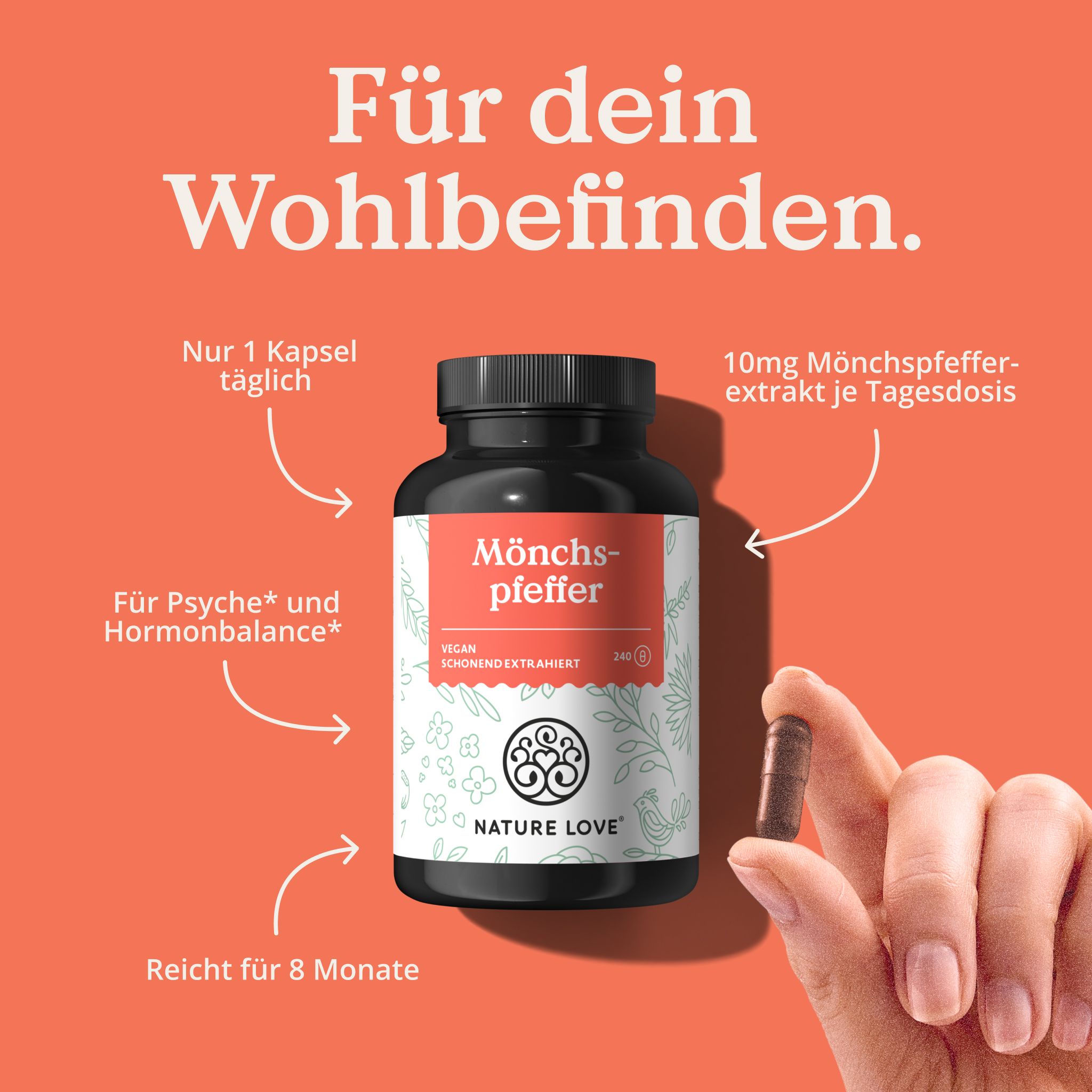 Braune Flasche mit rotem Etikett. Aufschrift: Mönchspfeffer, Vegan, 240 Kapseln. Logo: NATURE LOVE®. Eine Kapsel wird gezeigt.