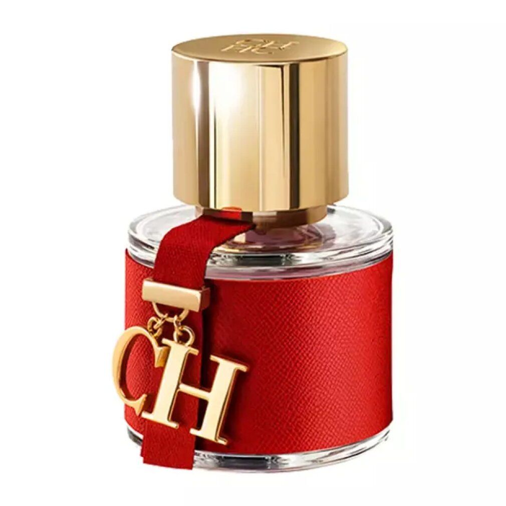 Runder Glasflakon mit rotem Lederband und goldenem Verschluss. Goldener Anhänger mit "CH".