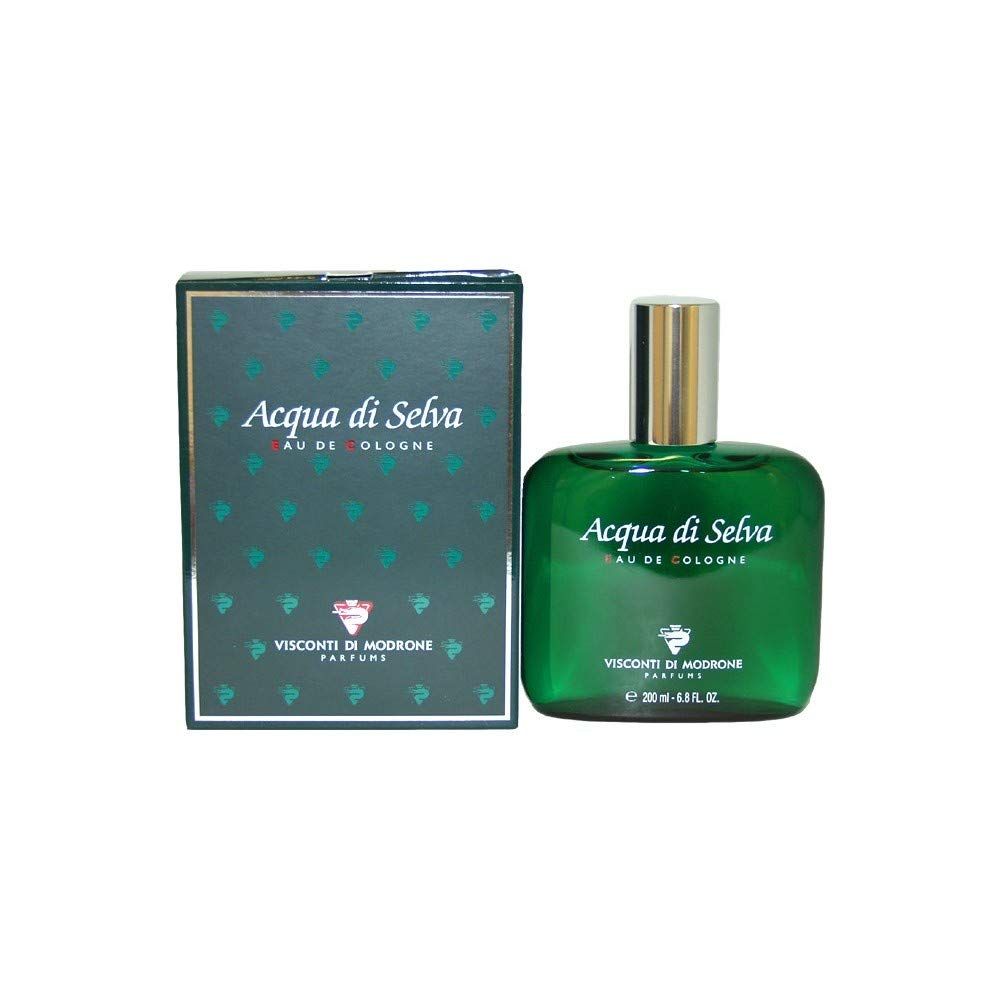 Grüne Glasflasche und Schachtel. Aufschrift: Acqua di Selva Eau de Cologne. Marke: Visconti di Modrone. Flasche mit silbernem Verschluss.