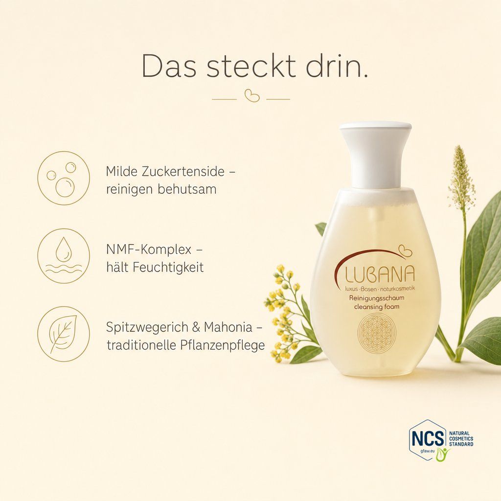 Lubana Reinigungsschaum Flasche mit Pflanzen und Inhaltsstoffen.