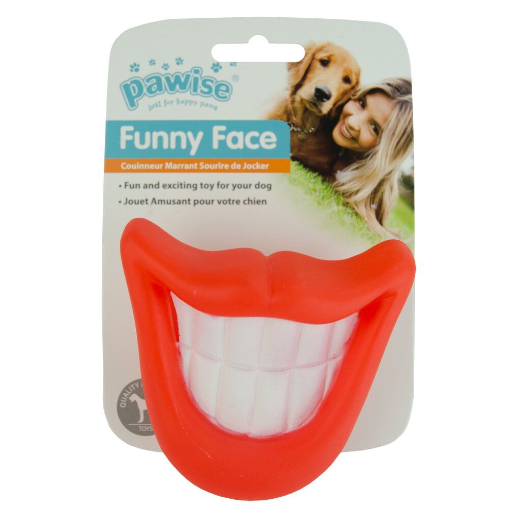 Verpackung mit roter Mundform mit weißen Zähnen. Aufschrift 'Funny Face'.
