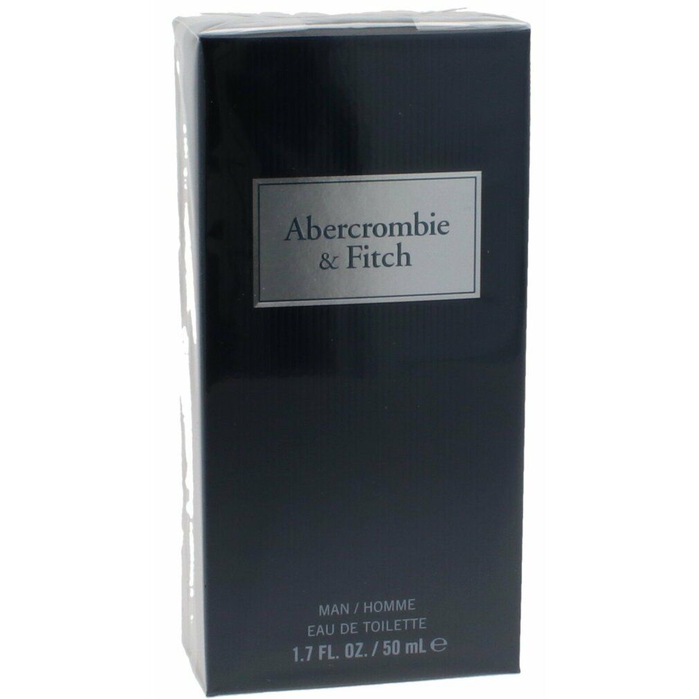 Schwarze Schachtel mit "Abercrombie & Fitch"-Logo. Text: MAN / HOMME, Eau de Toilette. Verpackt in durchsichtiger Folie.