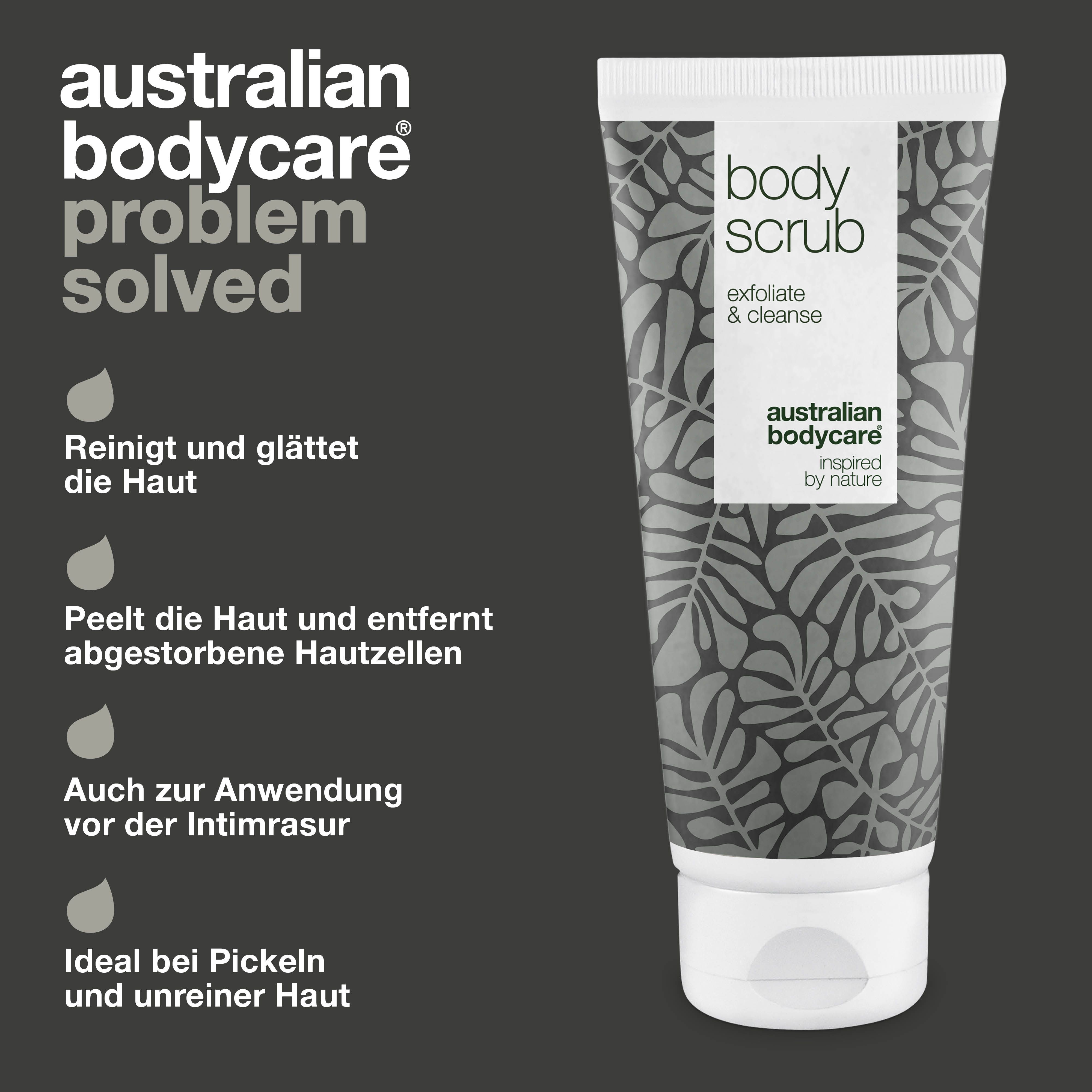 Tube „Body Scrub“. Marke: Australian Bodycare. Text: Reinigt und glättet die Haut. Auch zur Intimrasur.