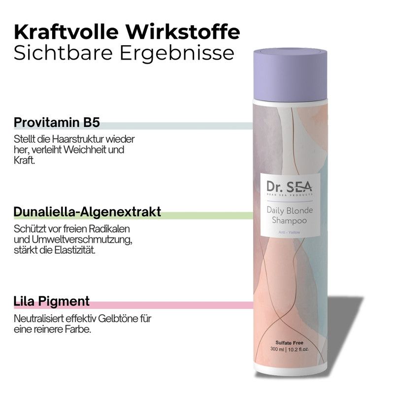 Dr. SEA Daily Blonde Shampoo. Lila Deckel, zylindrische Flasche. Text: Provitamin B5, Dunaliella-Algenextrakt, Lila Pigment.