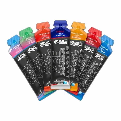 Mehrere Beutel ABE Gel, verschiedene Geschmacksrichtungen. Aufschrift: Applied Nutrition, ABE, Zero Sugar. Farben: blau, grün, orange, gelb, rot.
