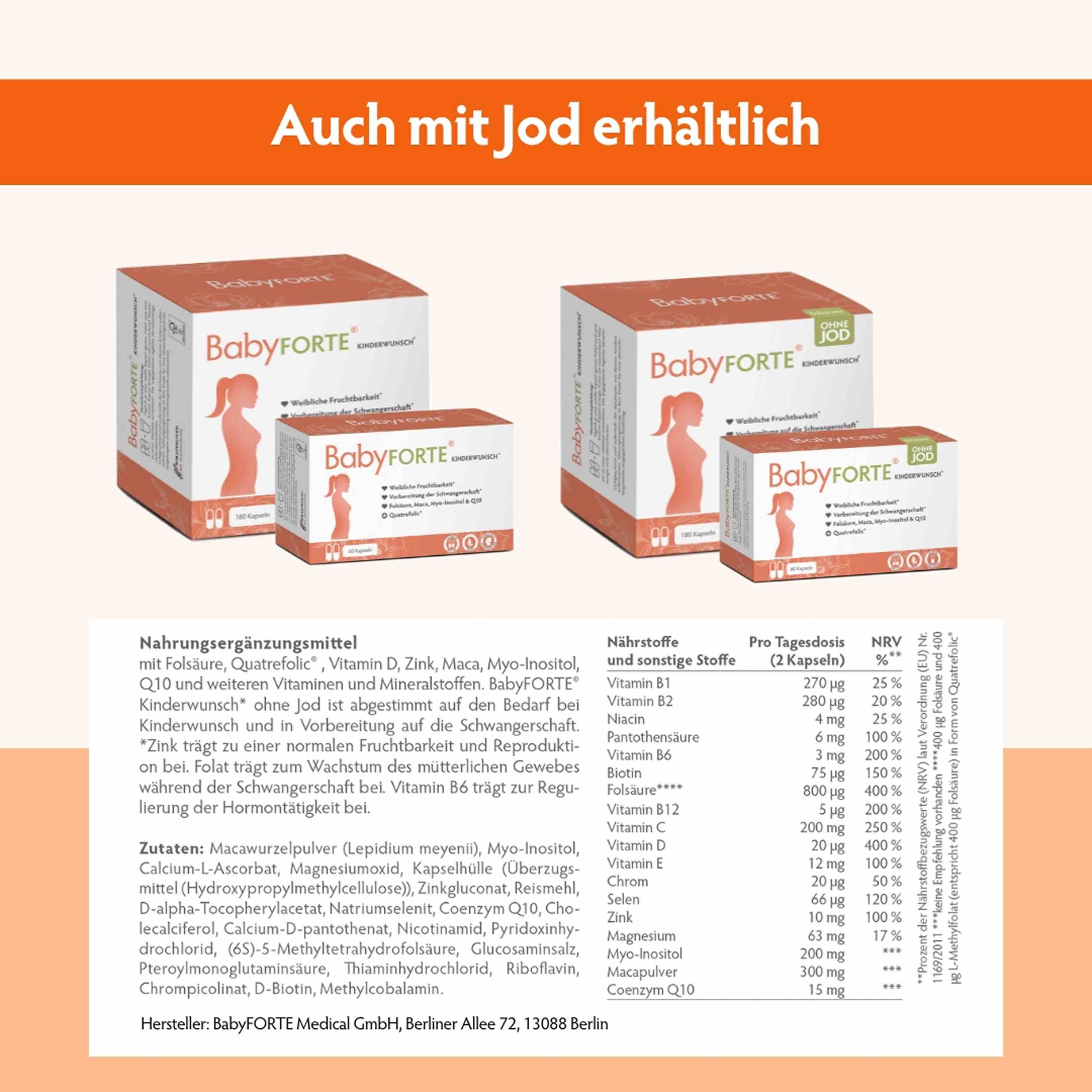 Produktverpackungen von BabyFORTE® in verschiedenen Größen. Text: Nahrungsergänzungsmittel, Inhaltsstoffe, Nährwerttabelle. Auch mit Jod erhältlich.