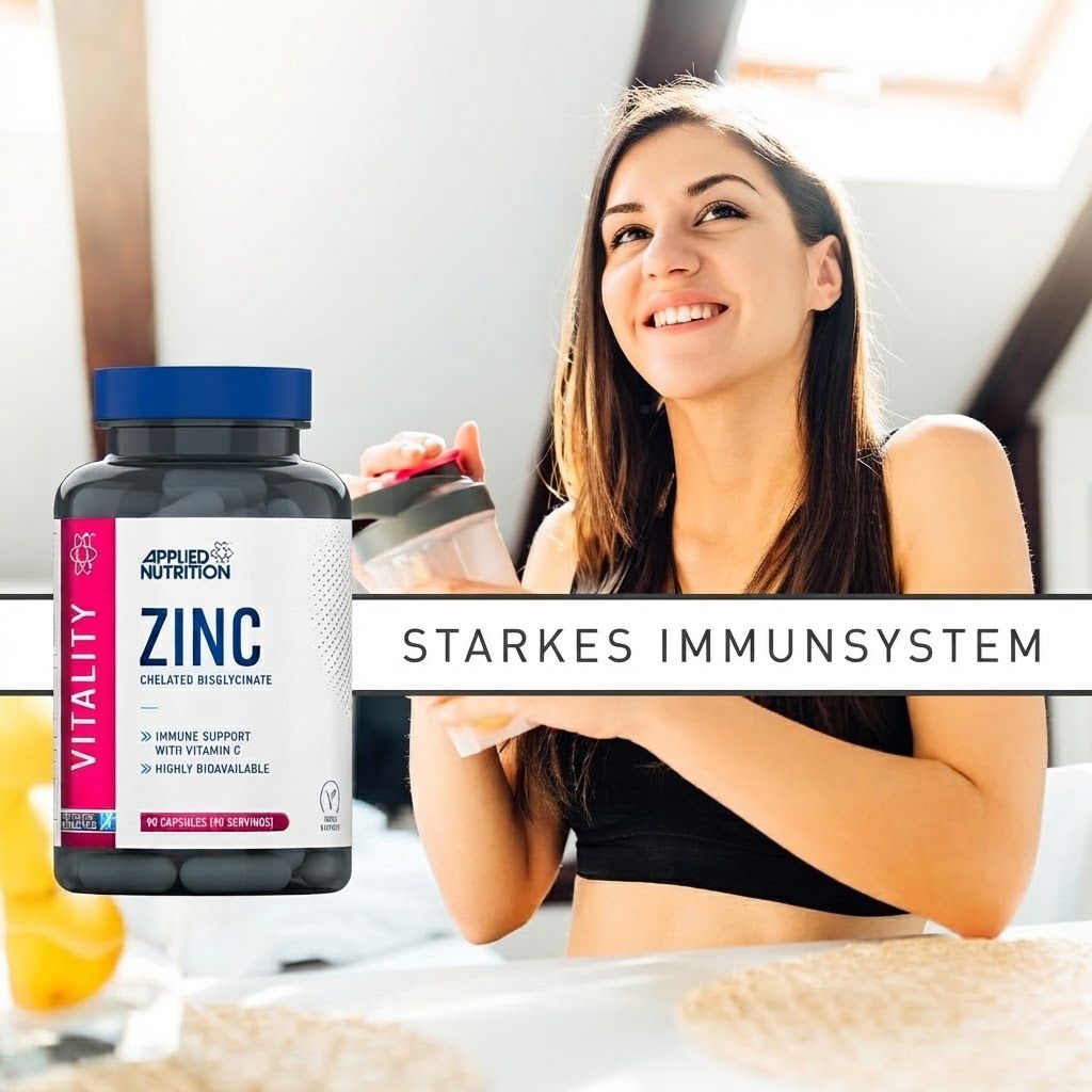 Applied Nutrition Zink Kapseln mit einer Frau im Hintergrund.