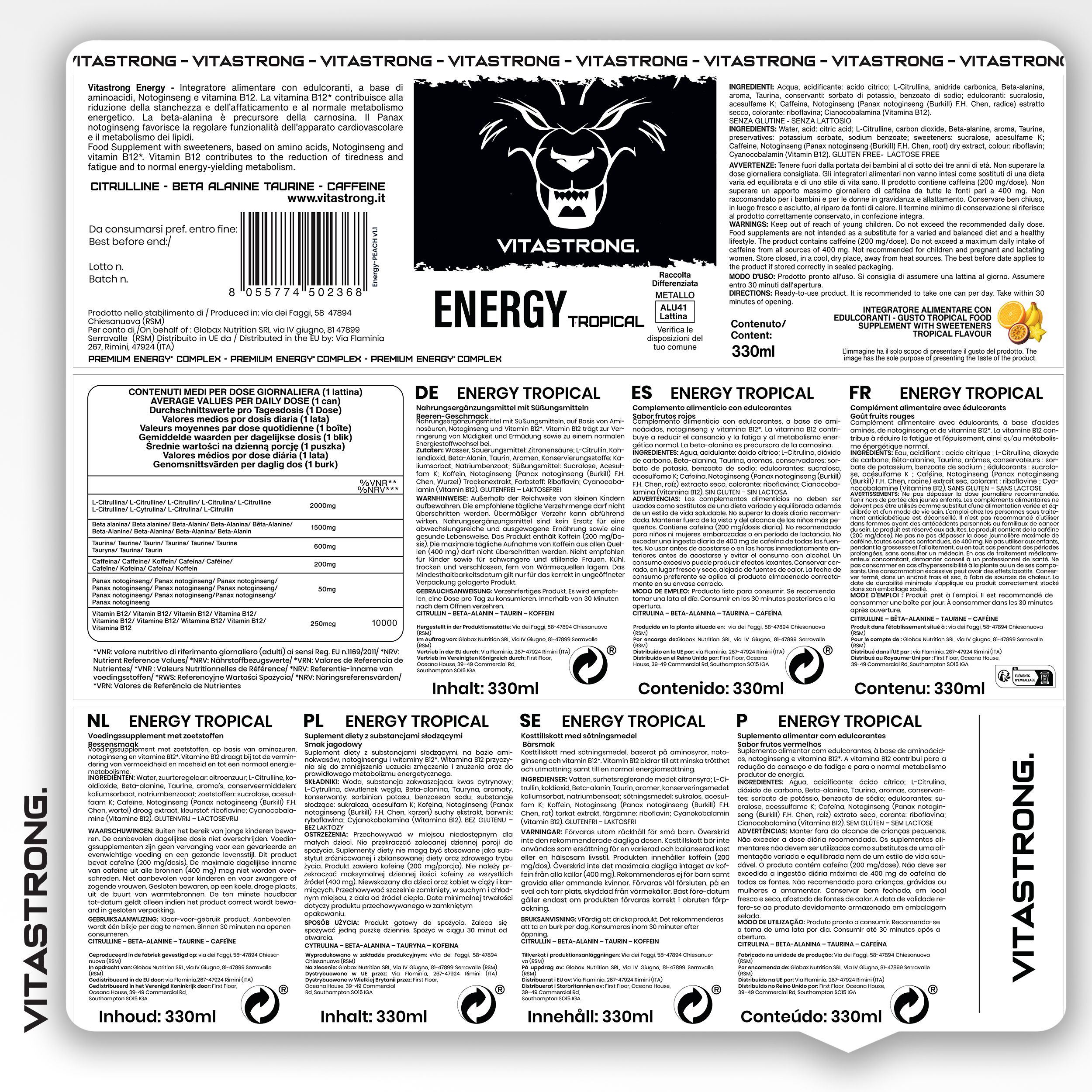 Verpackung mit Text in verschiedenen Sprachen. Text: ENERGY TROPICAL. Inhaltsstoffe, Nährwertangaben, Herstellerinformationen.