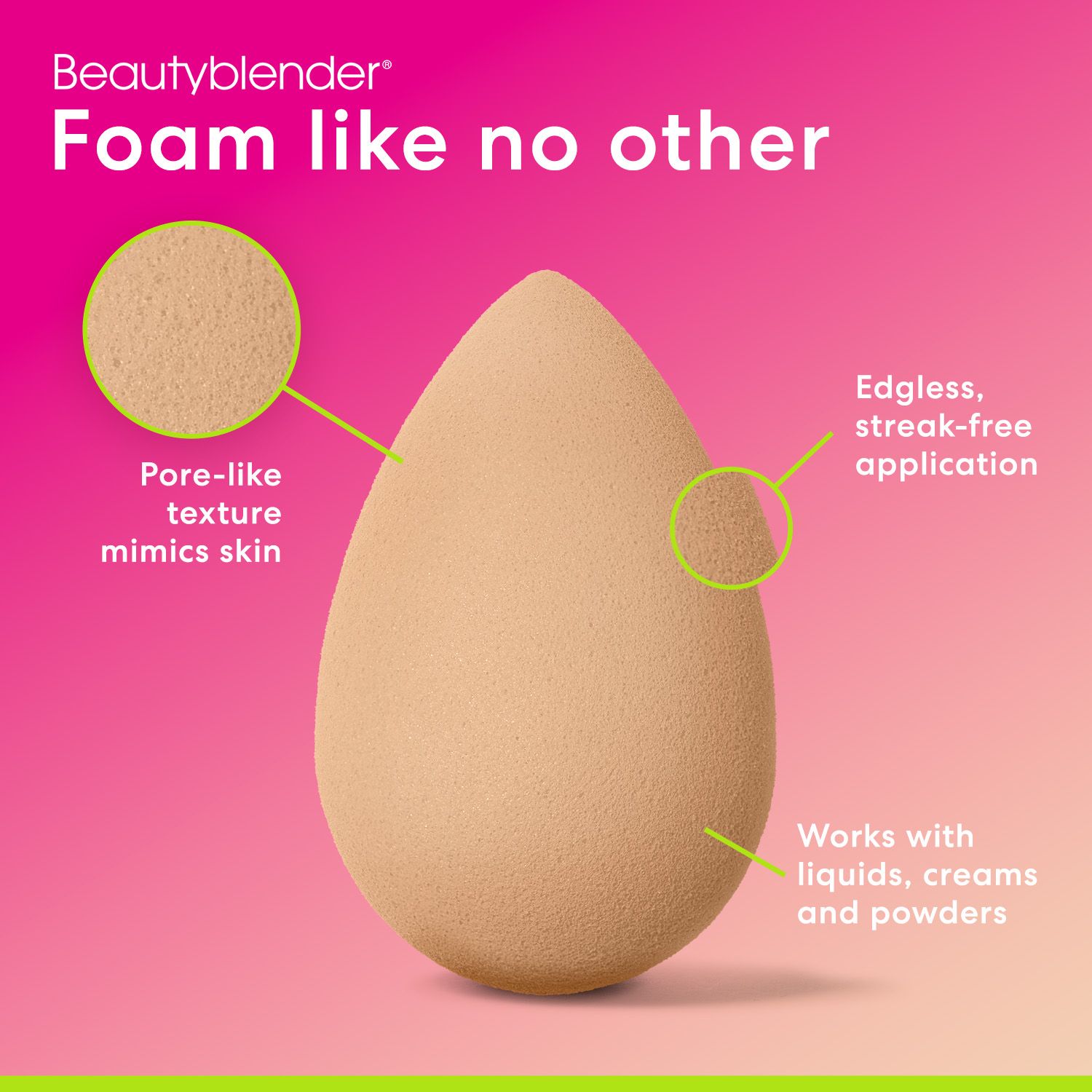 Beigefarbener Beautyblender-Schwamm mit hervorgehobener Porenstruktur. Text: Foam like no other. Edelfrei, streifenfreie Anwendung. Funktioniert mit Flüssigkeiten, Cremes, Puder.
