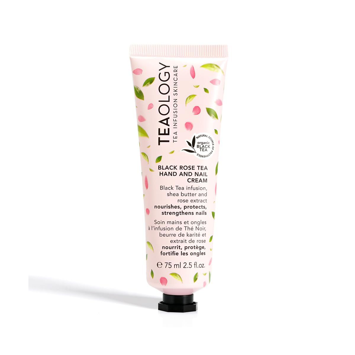 Creme-Tube mit floralem Muster. Text: Teaology, Black Rose Tea Hand and Nail Cream. Vegan-Siegel.