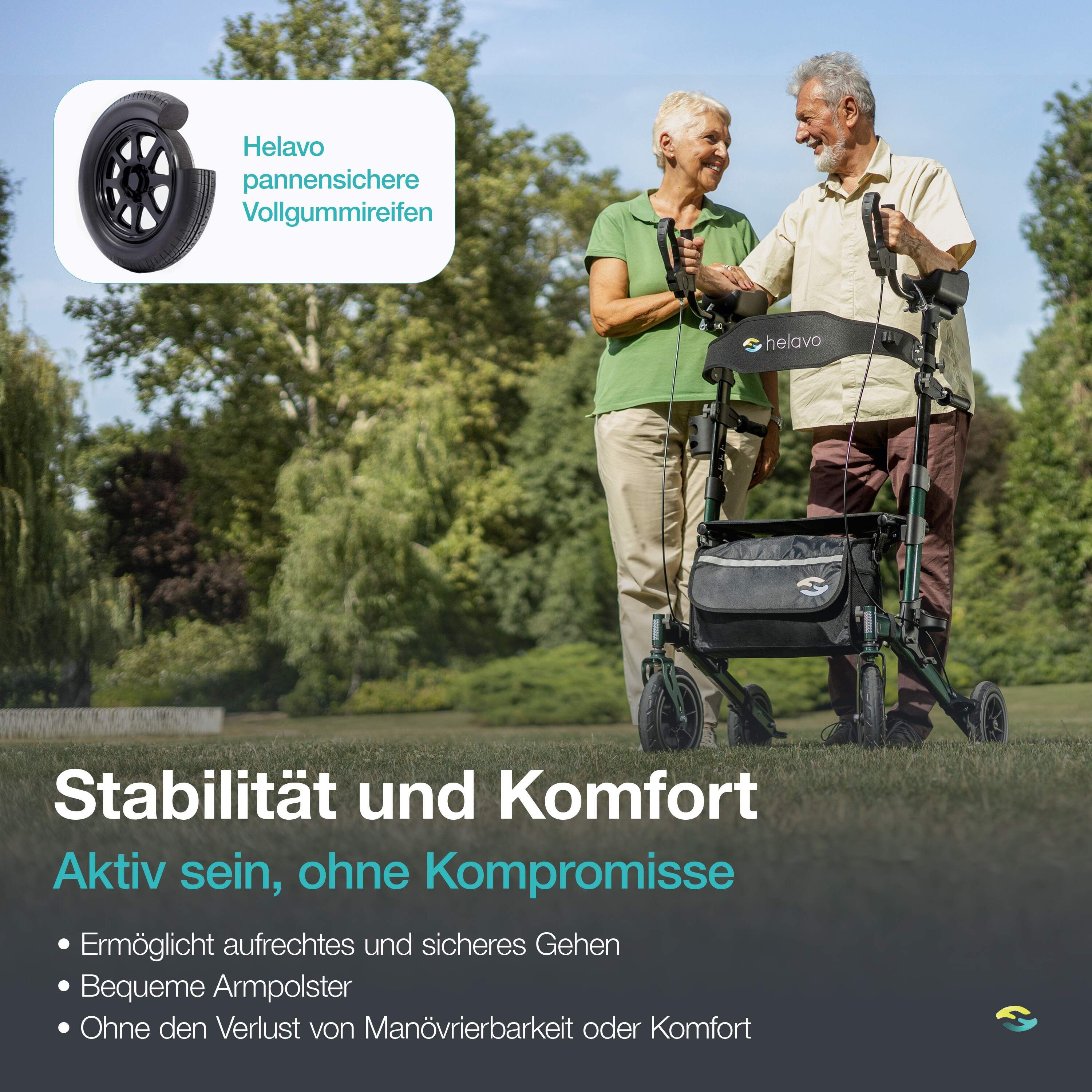 Rollator mit pannensicheren Vollgummireifen. Älteres Paar im Freien.