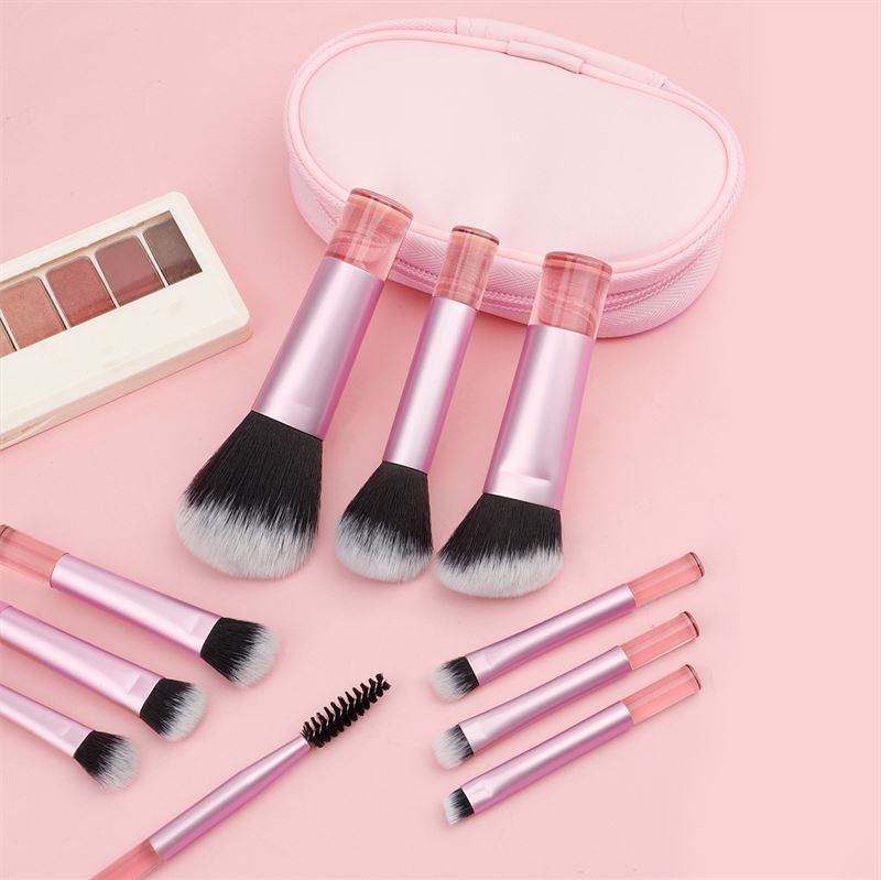 Pinsel-Set mit rosa Griffen und einer rosa Tasche. Pinsel mit schwarzen und weißen Borsten. Einige Pinsel liegen verstreut.