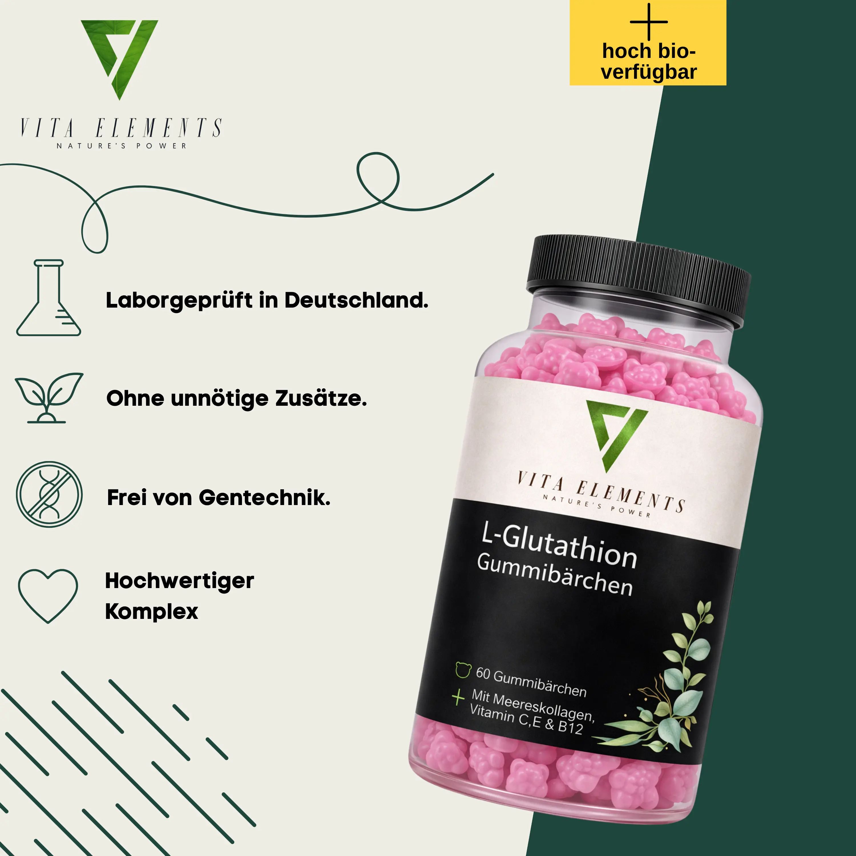 Flasche Vita Elements L-Glutathion Gummibärchen, 60 Stück, mit Meereskollagen, Vitamin C, E & B12.