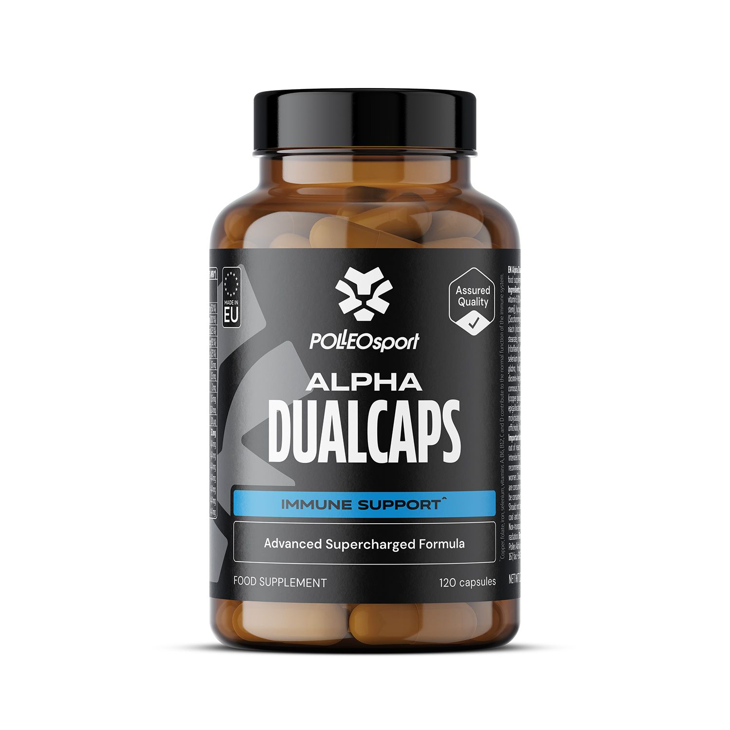 Braune Flasche mit schwarzem Deckel und Etikett. Aufschrift: PolleoSport Alpha Dualcaps, Immune Support. 120 Kapseln.