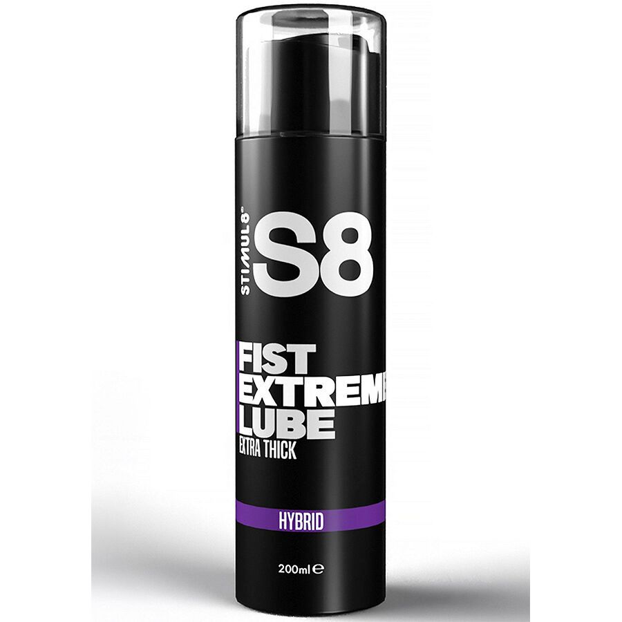Schwarze Flasche mit "S8" und "FIST EXTREME LUBE" Aufschrift. Lila Streifen mit "HYBRID" und "200ml e". Durchsichtiger Deckel.