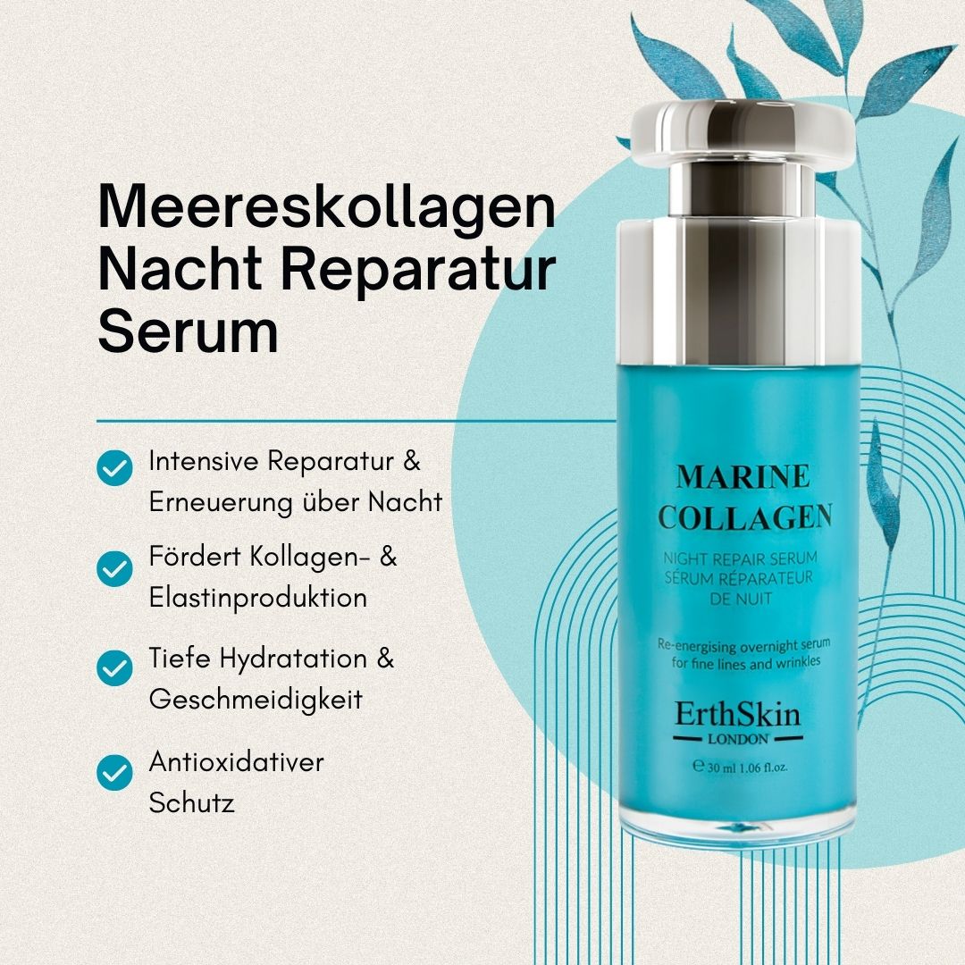 ErthSkin London Serum mit Text. Türkis-farbene Flasche mit silbernem Deckel. Marine Collagen Schriftzug. Text: Meereskollagen Nacht Reparatur Serum.