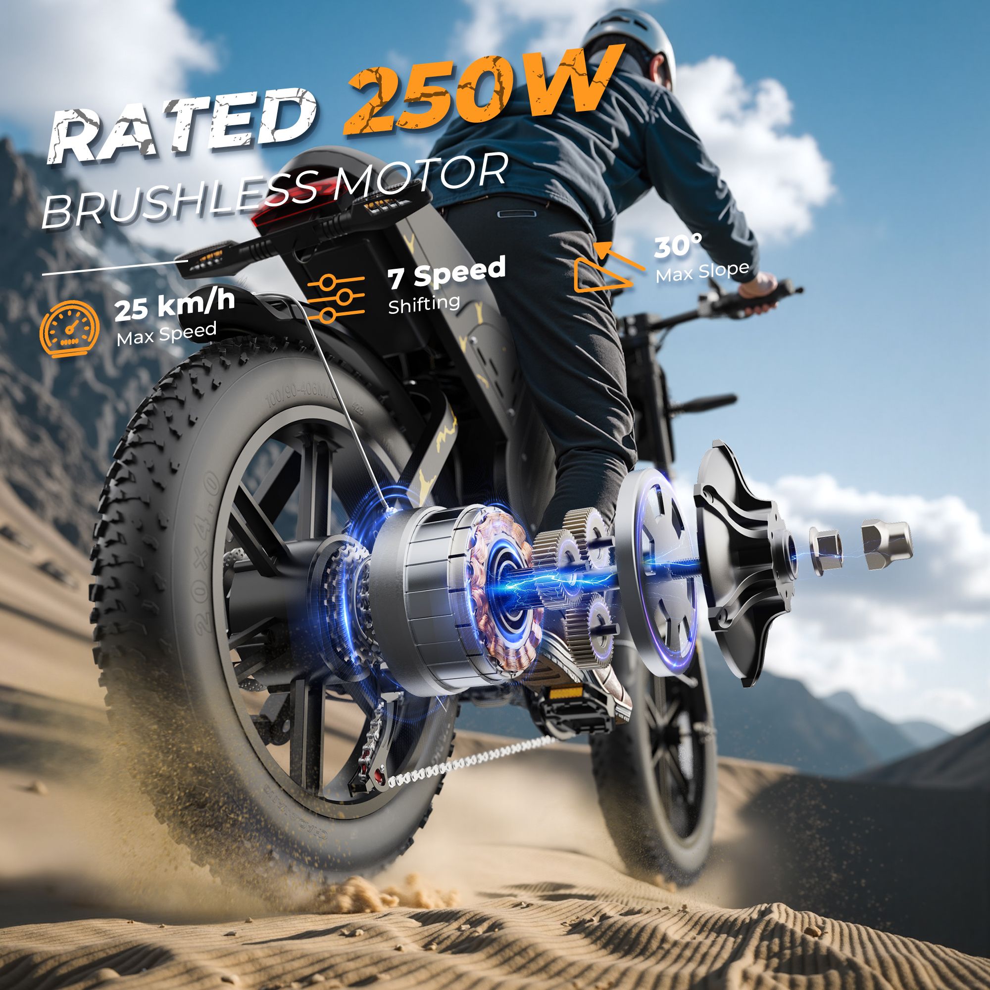Elektrofahrrad in Aktion. Text: RATED 250W BRUSHLESS MOTOR, 25 km/h, 7 Speed, 30° Max Slope.