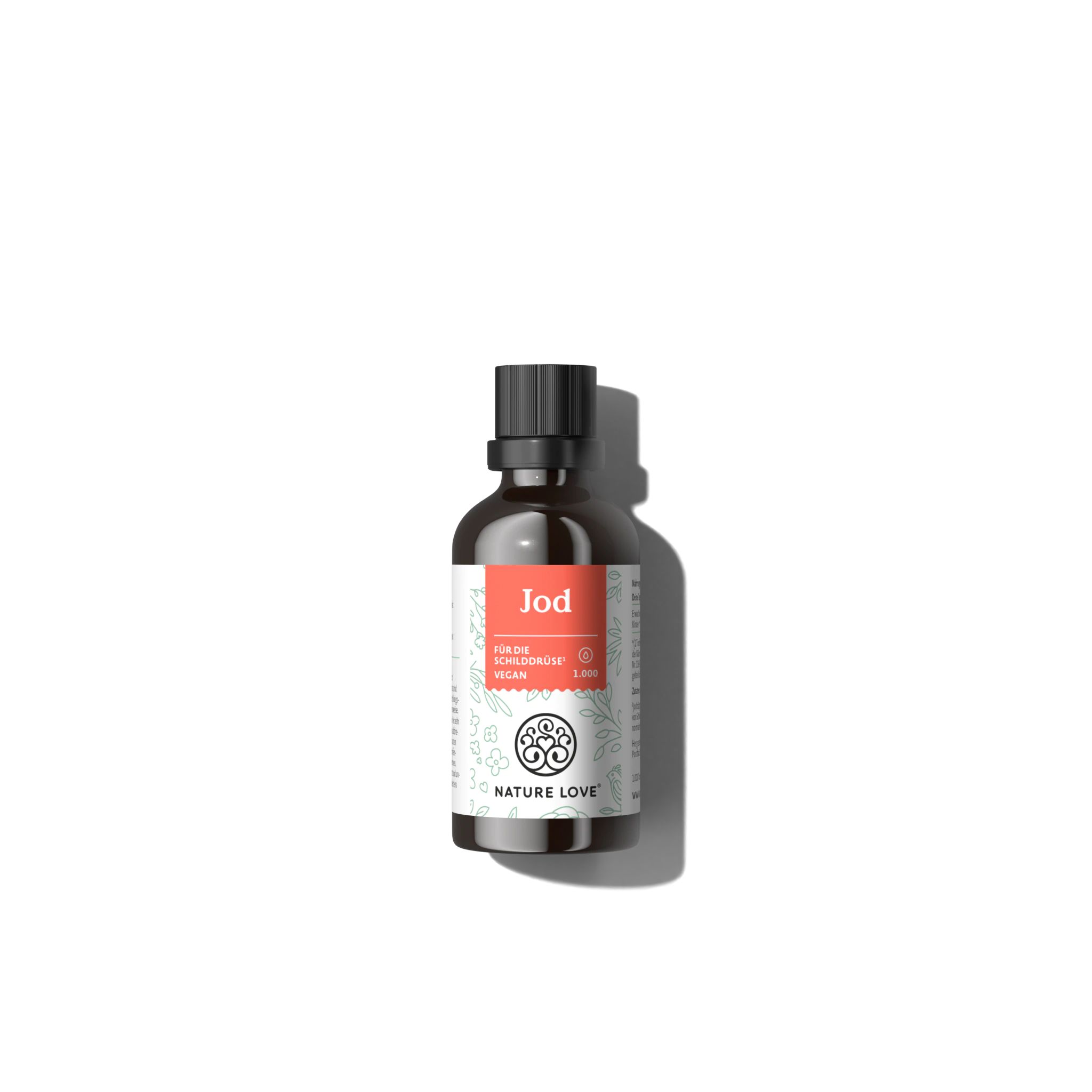 Braune Glasflasche mit schwarzem Deckel. Etikett mit roter Schrift: Jod. NATURE LOVE® Logo.