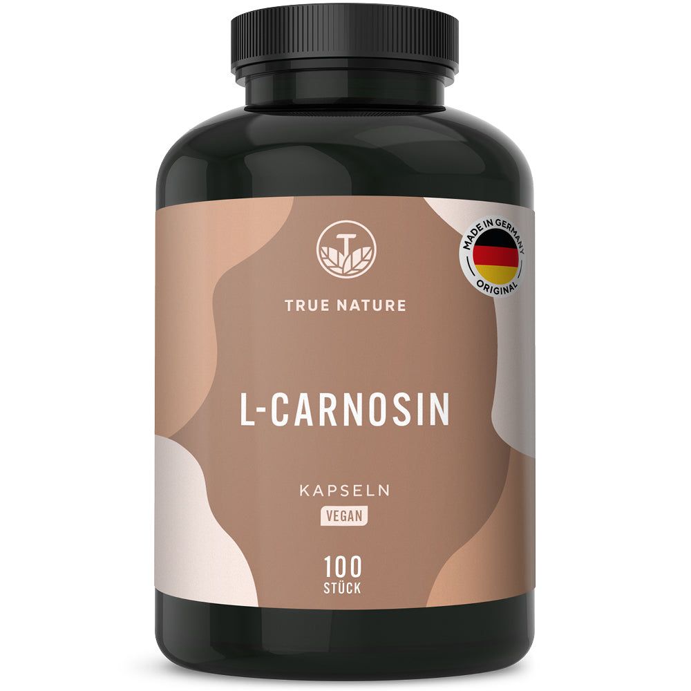 TRUE NATURE L-Carnosin Kapseln: Schwarze Dose mit braunem Etikett, 100 Stück, vegan.