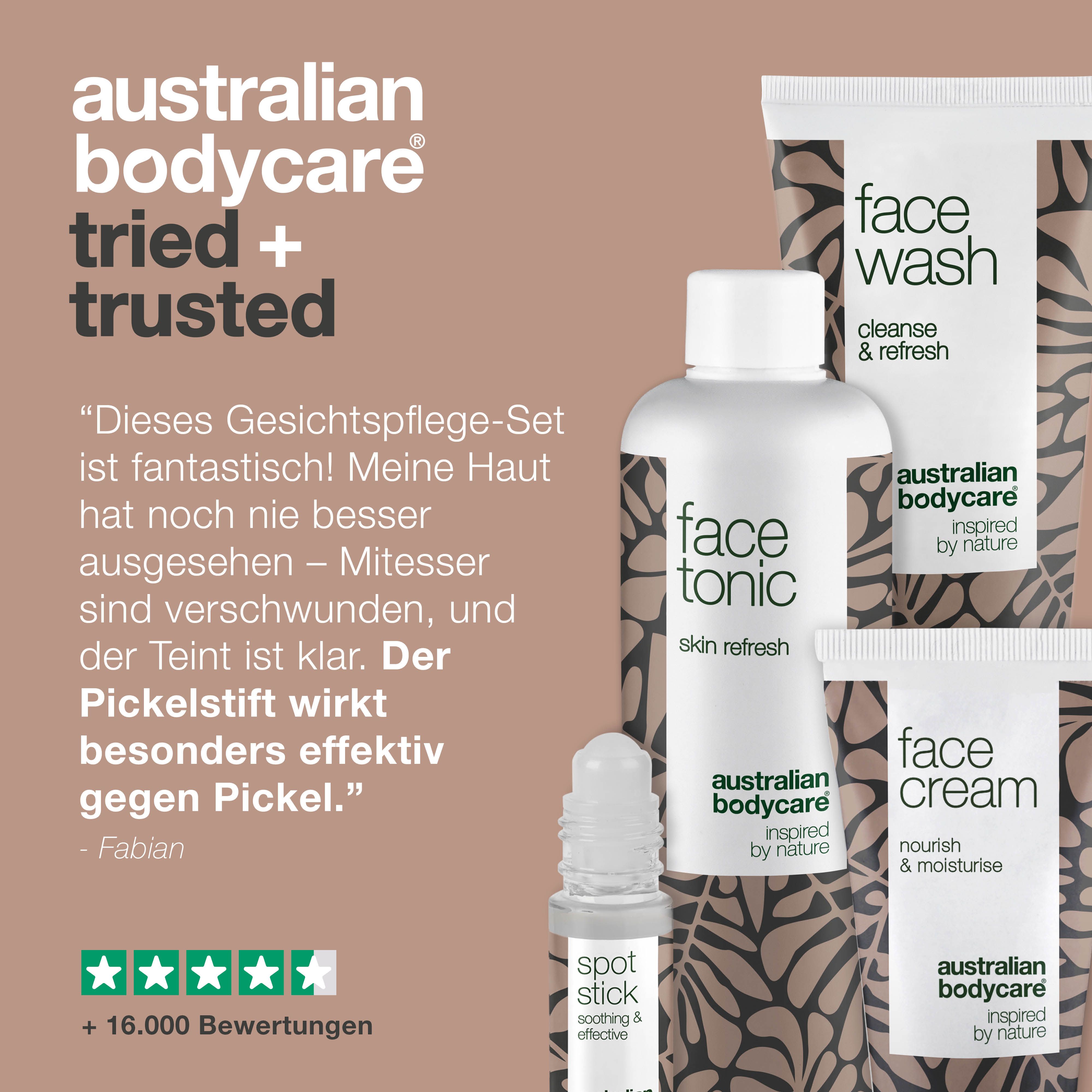 Vier Produkte: Face Wash, Face Tonic, Face Cream und Spot Stick. Text: Getestet und bewährt. Über 16.000 Bewertungen.