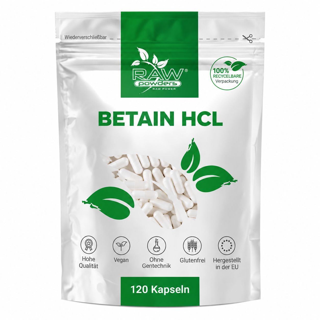 Standbodenbeutel mit RAW powders Betain HCL. Enthält 120 Kapseln. 100% recycelbare Verpackung. Vegan, glutenfrei.