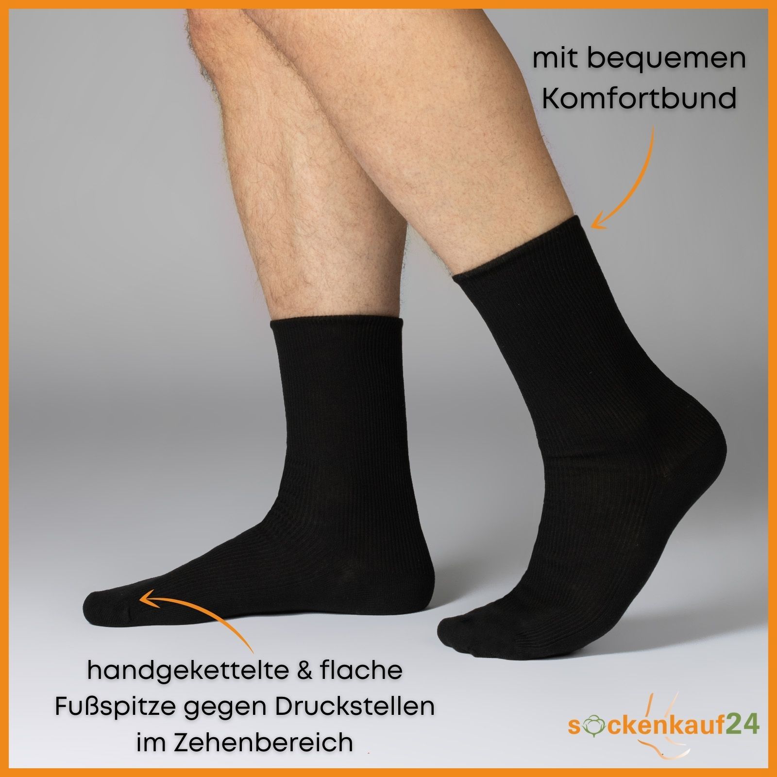 Schwarze Socke am Fuß. Handgekettelte Zehenpartie. Bequemer Komfortbund. Text: sockenkauf24.