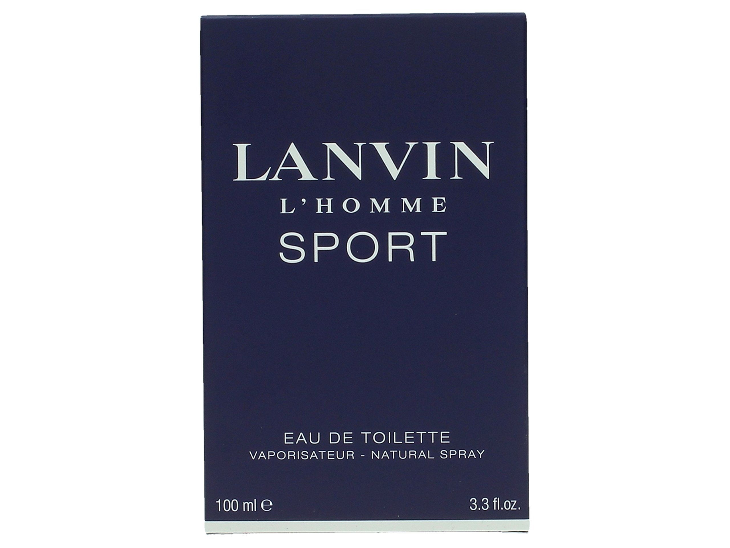 Dunkelblaue rechteckige Schachtel. Aufschrift: LANVIN L'HOMME SPORT. Eau de Toilette. 100 ml.