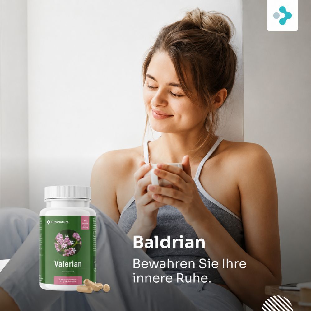 Frau mit Tasse, daneben eine Flasche Baldrian-Kapseln. "Bewahren Sie Ihre innere Ruhe."