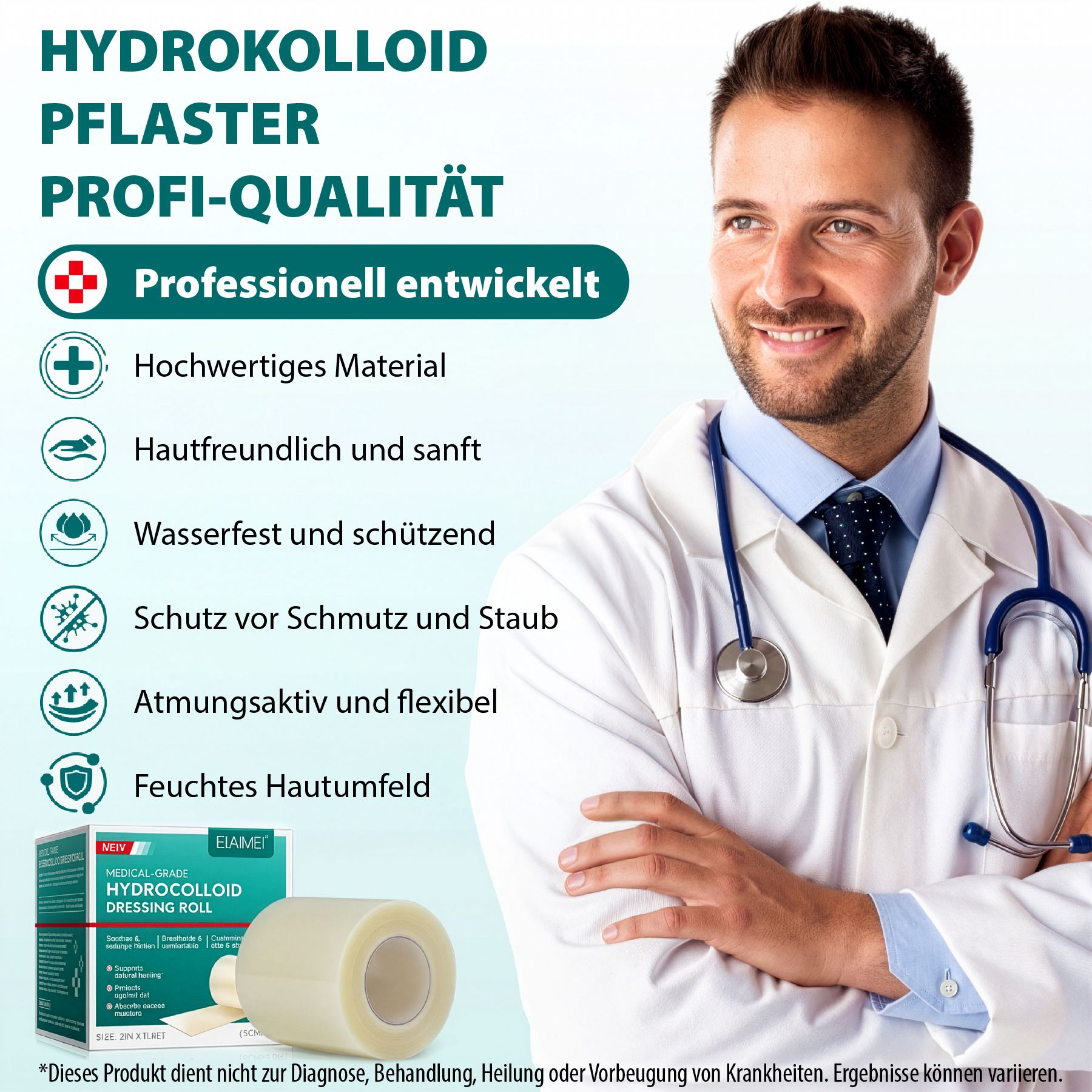 Hydrokolloid Pflaster Rolle. Professionell entwickelt, hochwertiges Material, hautfreundlich, wasserfest, schützend, atmungsaktiv.