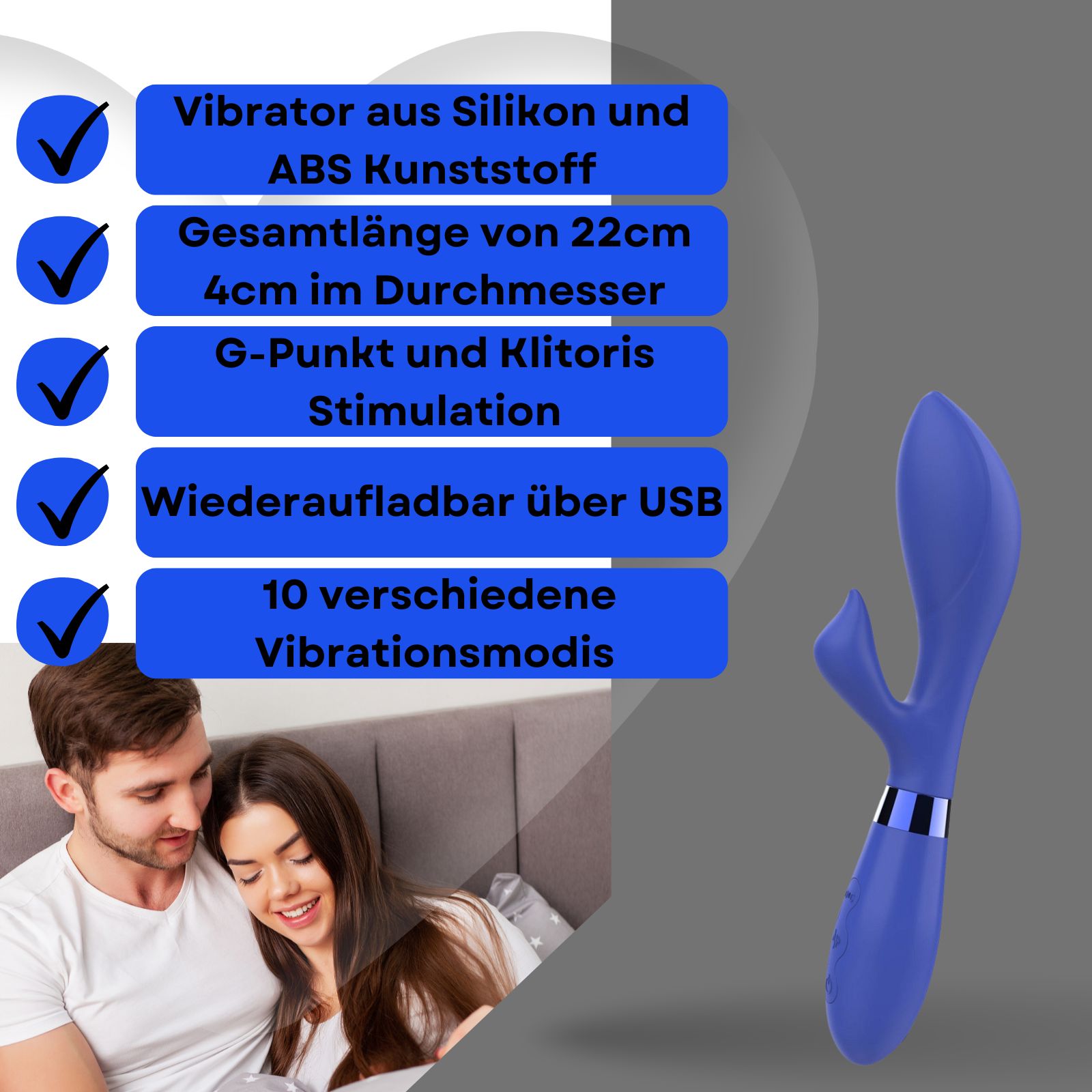 Blauer Vibrator. Silikon und ABS-Kunststoff. 22cm lang, 4cm Durchmesser. G-Punkt-Stimulation. Wiederaufladbar.