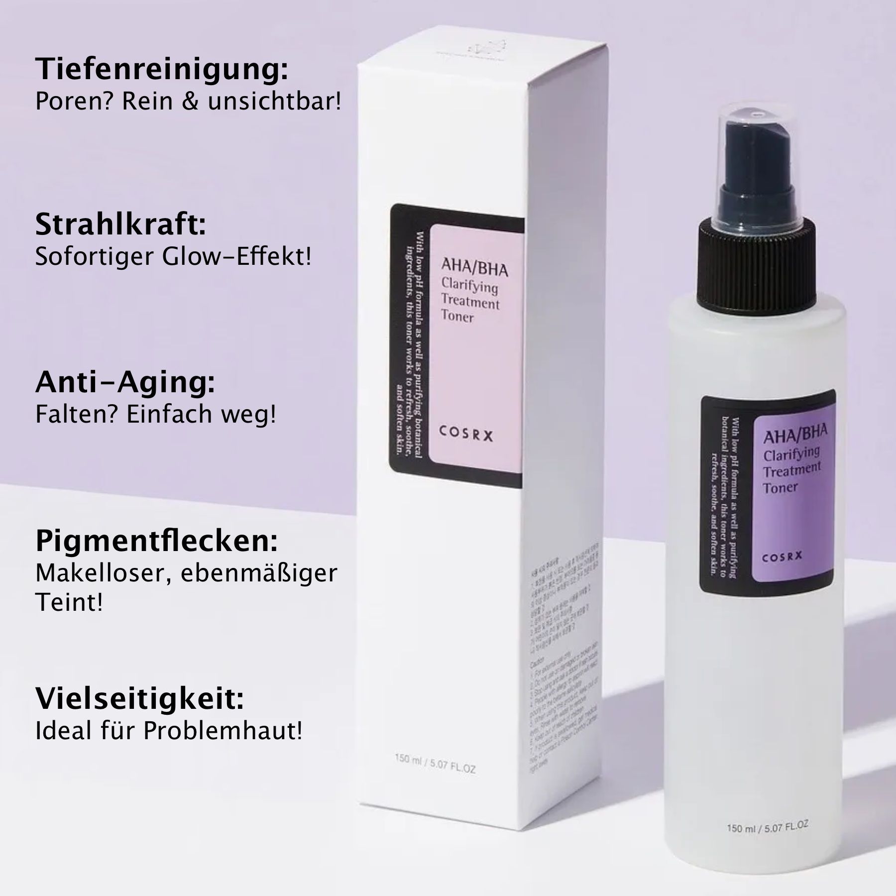 Weiße Verpackung und Sprühflasche mit schwarzem Deckel. Etikett: AHA/BHA Clarifying Treatment Toner, COSRX.