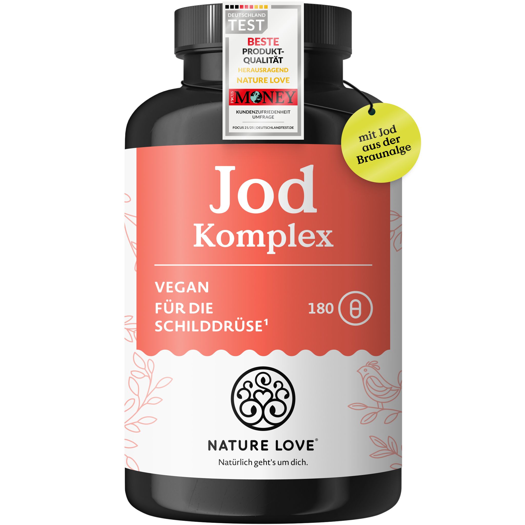 Flasche mit 'Jod Komplex' Aufschrift. Vegan, für die Schilddrüse, 180 Kapseln. Auszeichnung 'Beste Produktqualität'.
