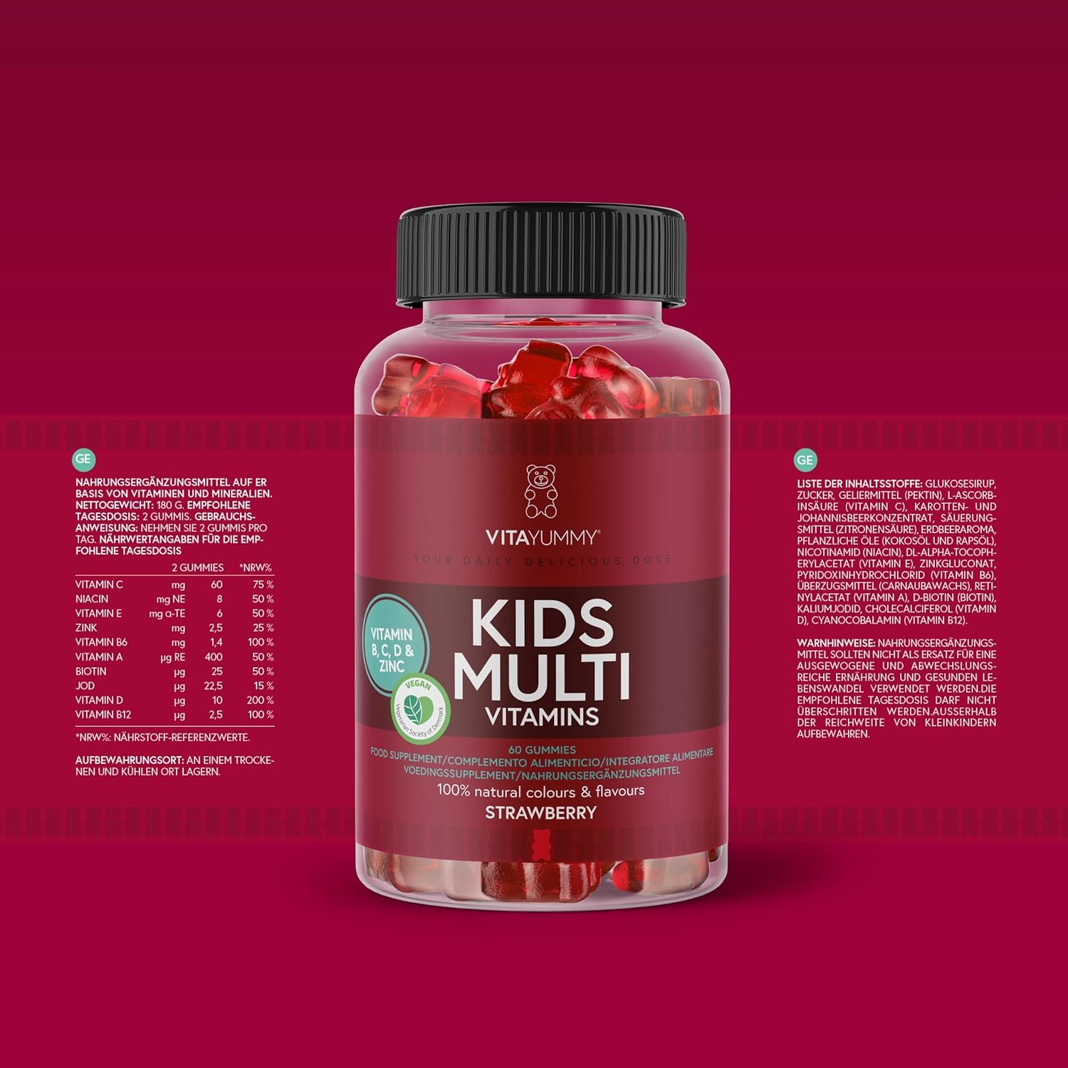 Produktflasche mit Aufschrift: KIDS MULTI VITAMINS. Enthält Vitamin B, C, D & Zink. 90 Gummis. Erdbeergeschmack. Nährwerttabelle.