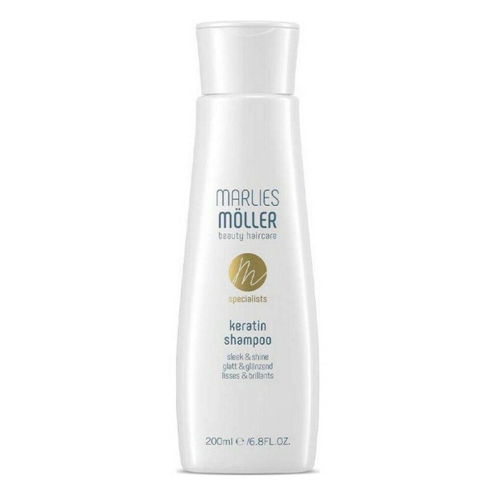 Weiße Shampoo-Flasche mit Aufschrift Marlies Möller Keratin Shampoo. Volumen: 200ml.