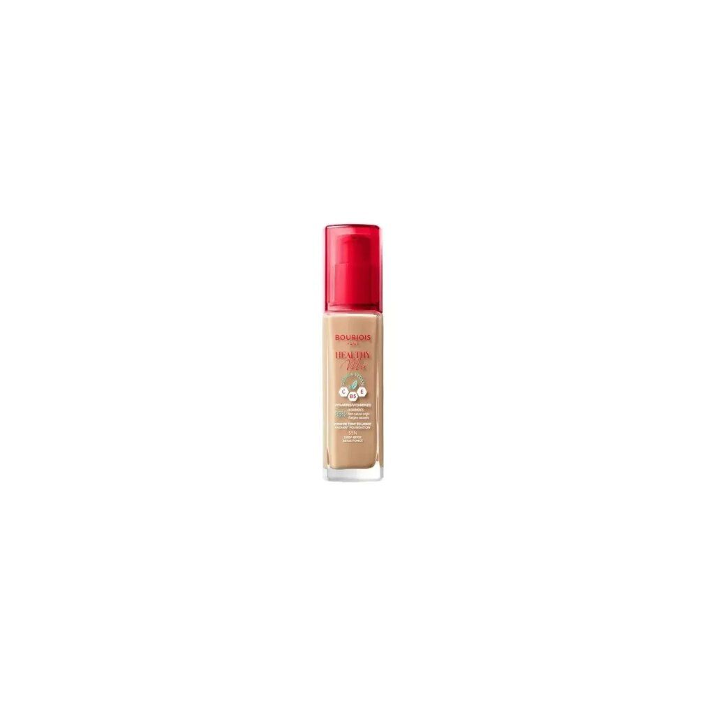 Foundation-Flakon mit rotem Verschluss. Aufschrift: Bourjois Healthy Mix. Farbton: 55 Deep Beige.