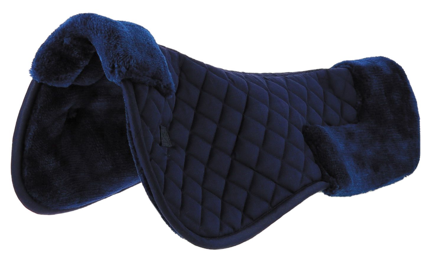 Blauer Rückenschoner mit Steppung und Fellbesatz. Seitliche Aussparungen. Für Pferde.