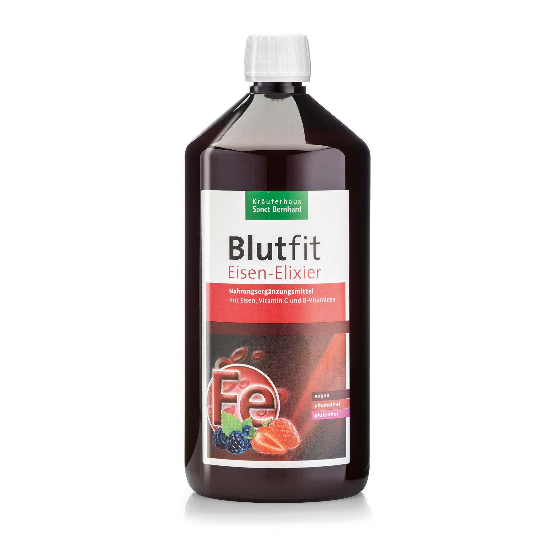 Braune Flasche mit weißem Deckel. Etikett mit Produktname Blutfit Eisen-Elixier, Früchten und Logo. Vegan-Siegel.