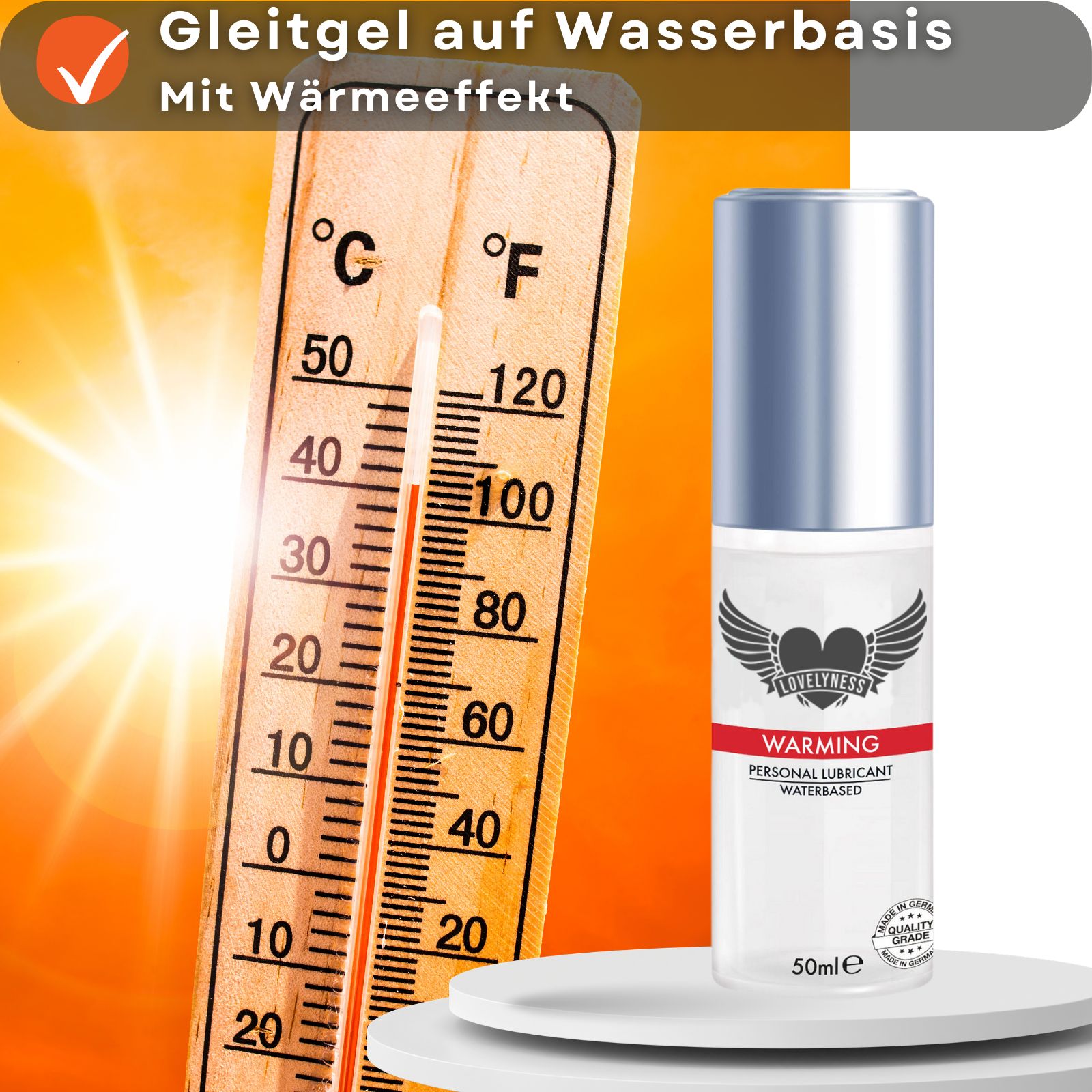 Gleitgel-Flasche mit Thermometer. Text: Warming, Personal Lubricant, Waterbased. 50ml. Temperaturanzeige.
