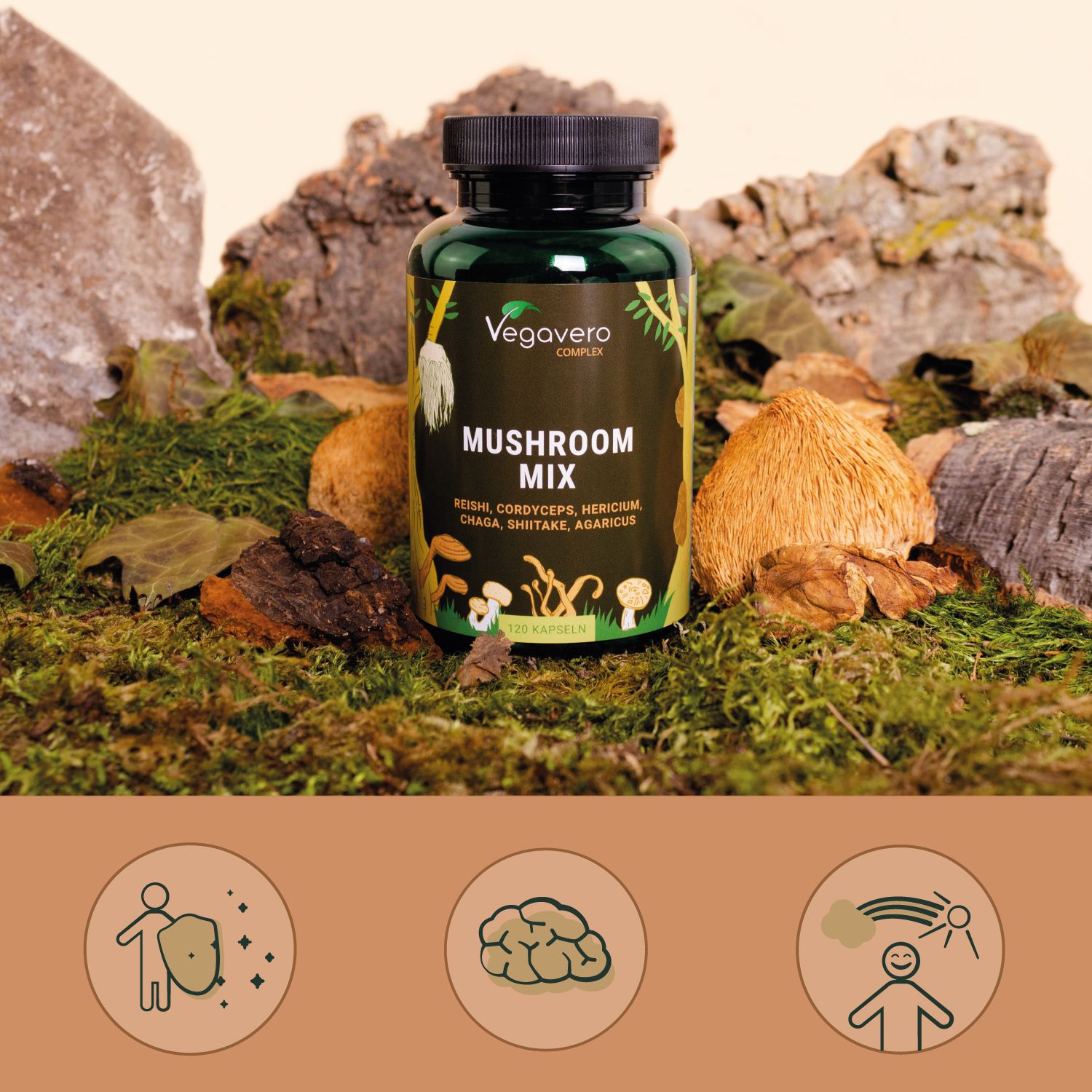 Grüne Flasche mit schwarzem Deckel, umgeben von Moos und Pilzen. Aufschrift: Vegavaro COMPLEX, MUSHROOM MIX, 120 Kapseln. Drei Icons: Immunsystem, Gehirn, Wohlbefinden.