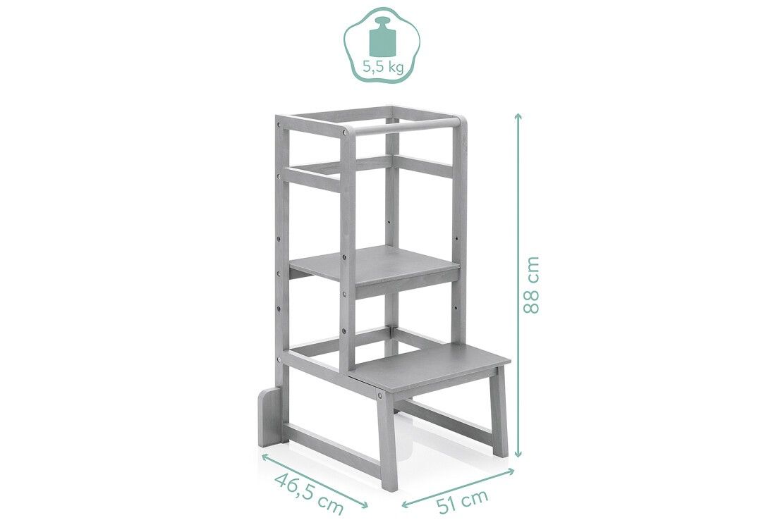 Grauer Lernturm mit den Maßen 46,5 x 51 x 88 cm. Gewicht 5,5 kg. Seitenansicht mit Maßangaben.