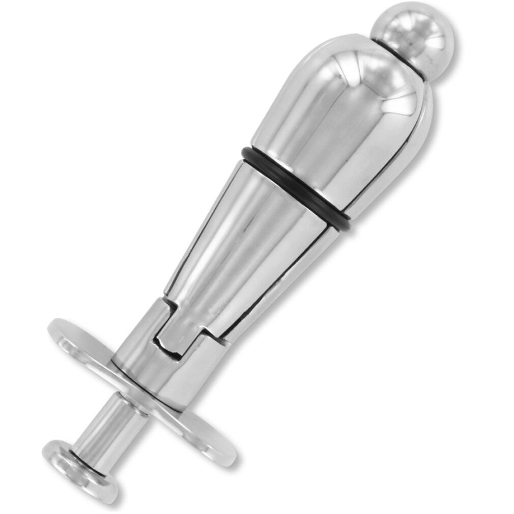 Metall-Analstecker mit Verriegelung. Silberfarbenes Metall, zylindrisch mit Kugel am Ende. Mit Verriegelungsmechanismus und Basis.