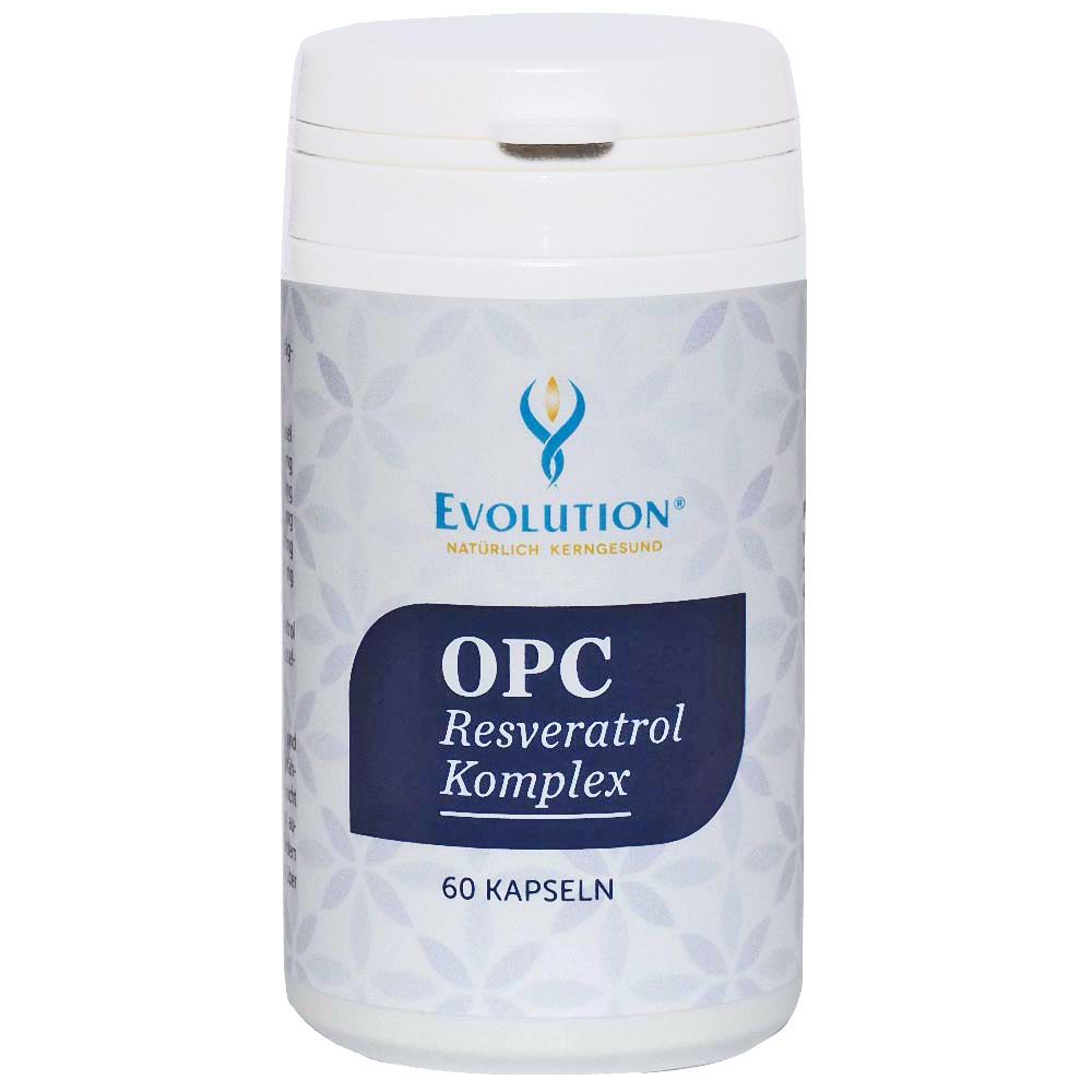 Weiße Dose mit blauem Etikett. Aufschrift: Evolution OPC Resveratrol Komplex, 60 Kapseln. Logo: blaues Flammen-Symbol.