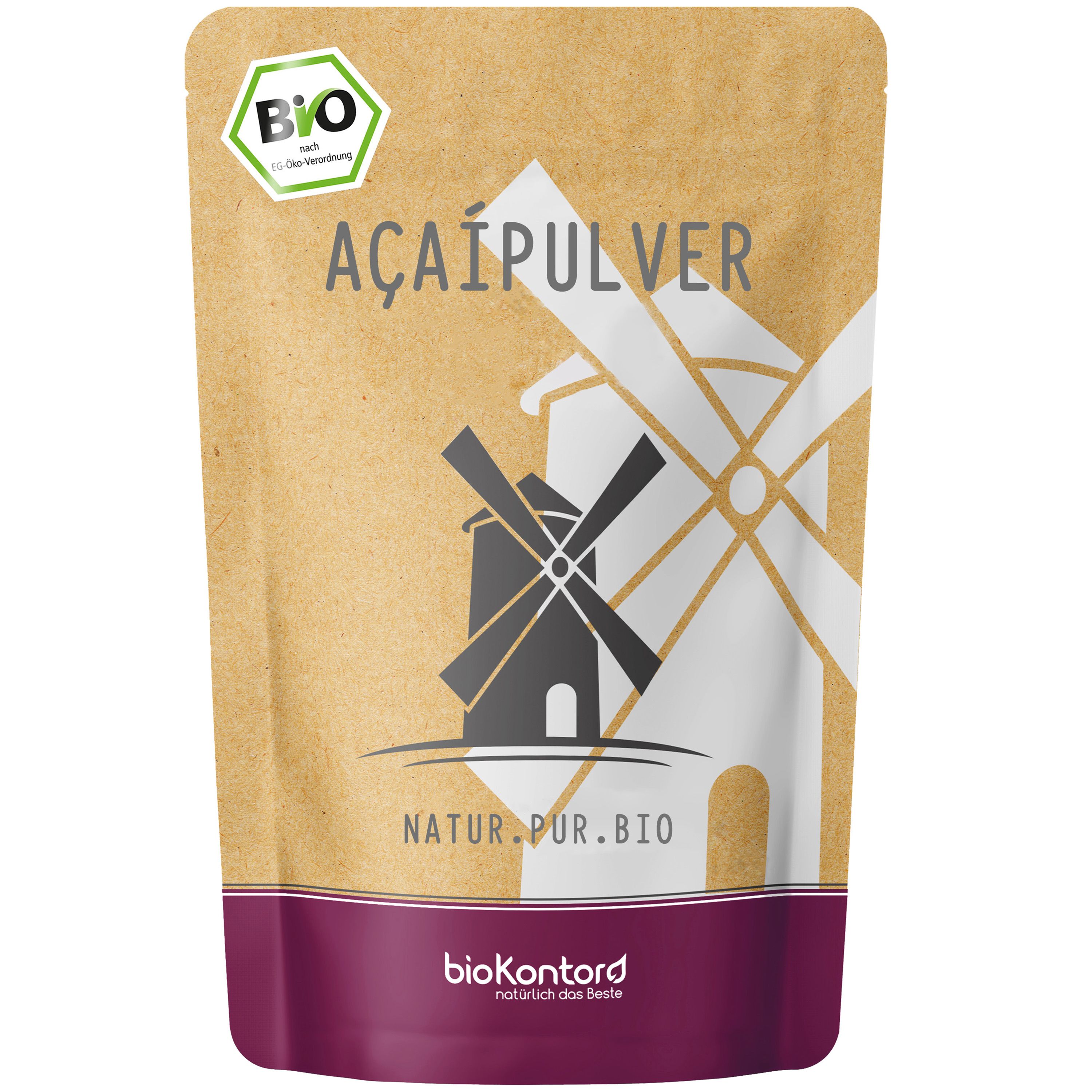 Bio Açai Pulver in brauner Papiertüte mit Windmühlen-Design und Bio-Siegel.