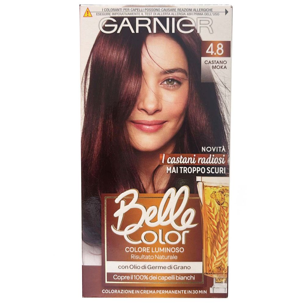 Verpackung von Garnier Belle Color. Frau mit braun gefärbtem Haar. Produktinformationen.