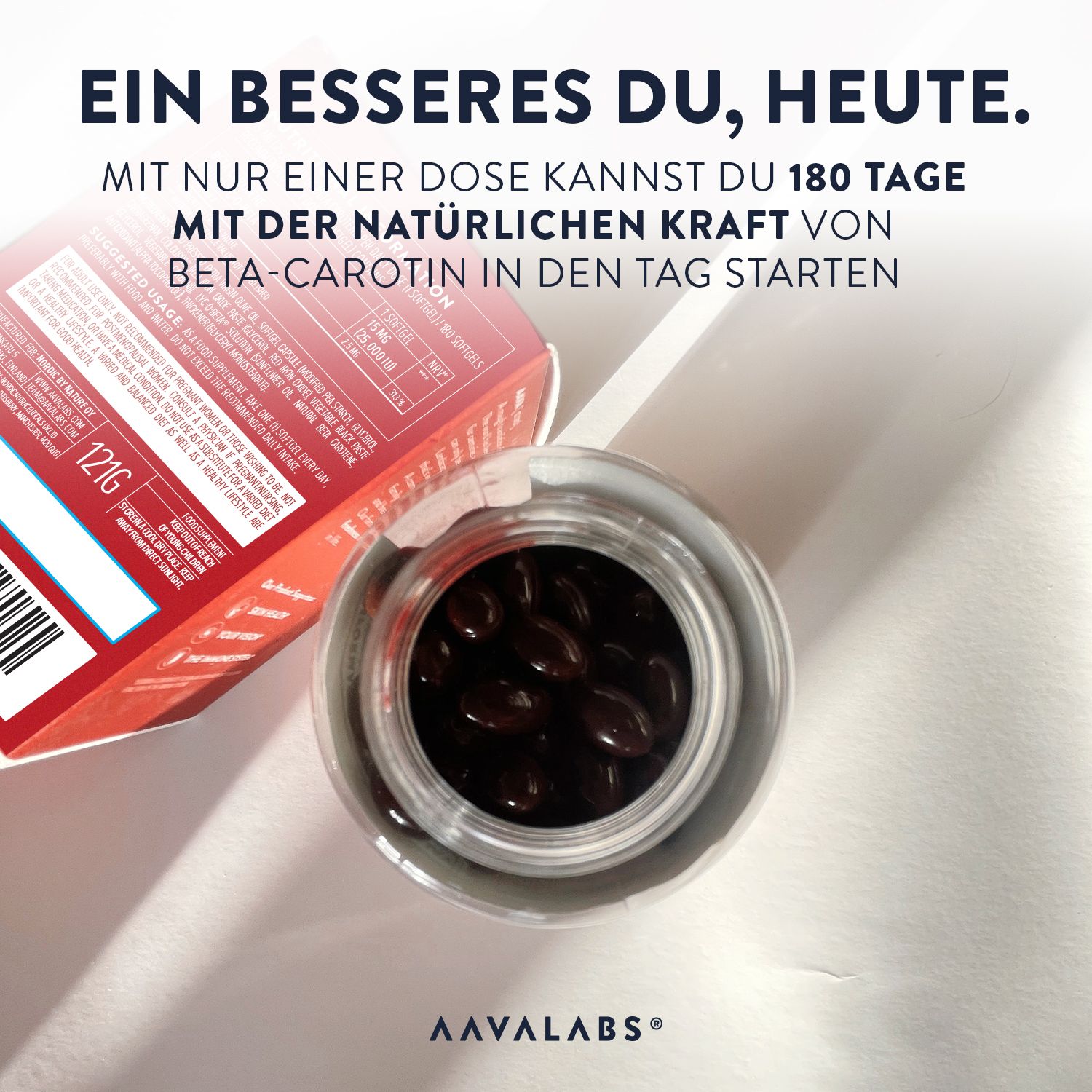 Flasche mit Kapseln und Verpackung. Aufschrift: AAVALABS. 180 Tage.