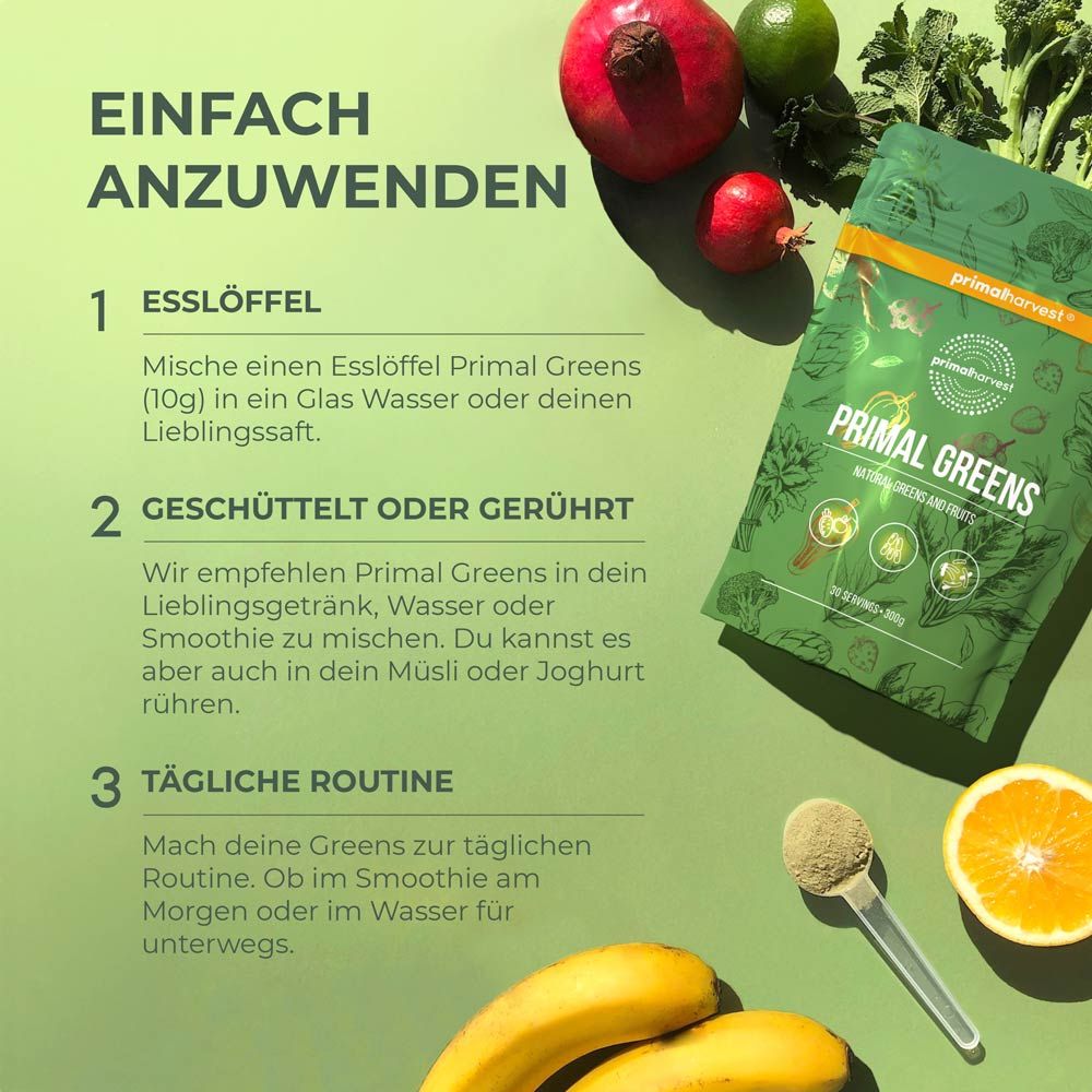 Anwendung von Primal Greens. 1 Esslöffel in Wasser. 2. Schütteln oder rühren. 3. Tägliche Routine.