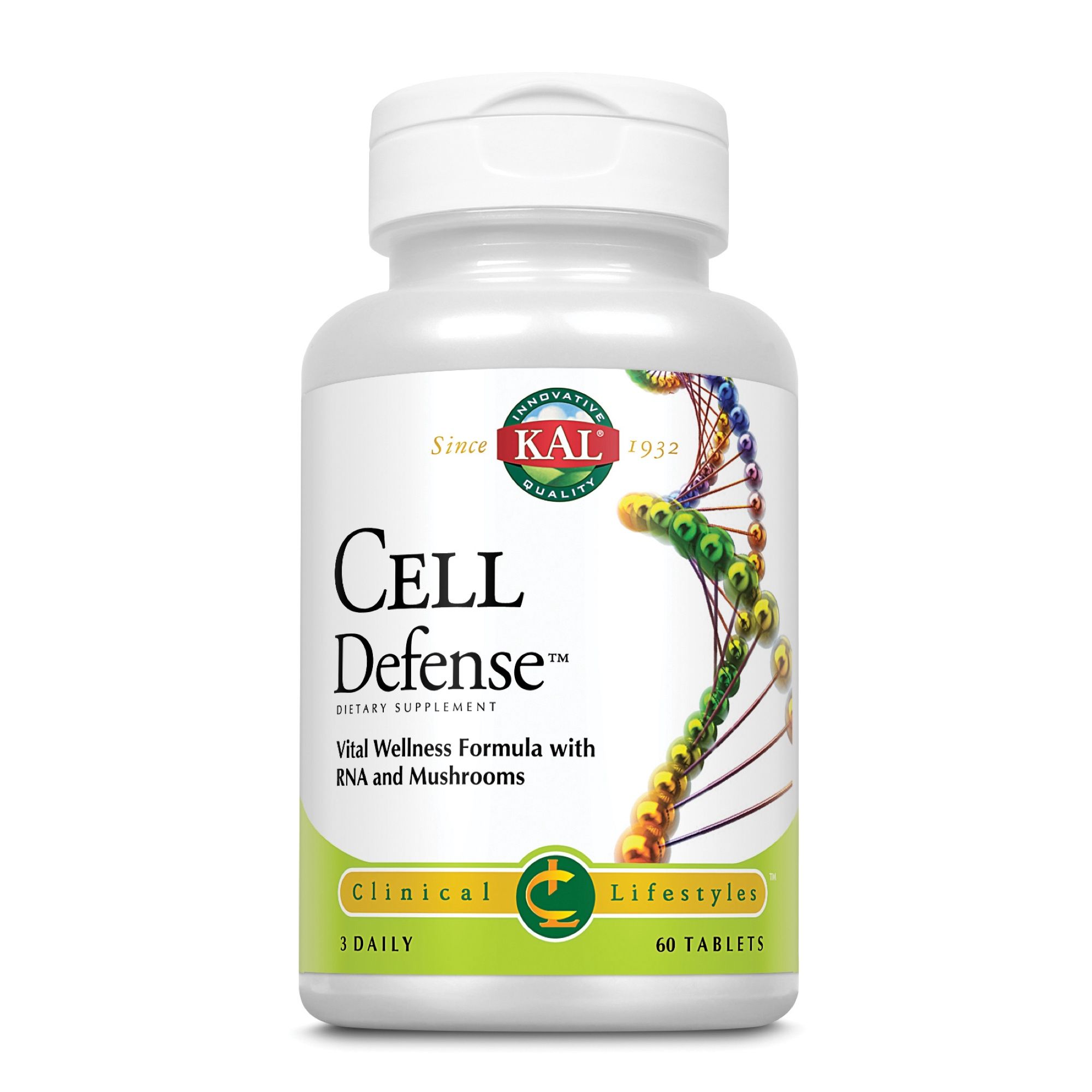 Weiße Flasche "Cell Defense". Text: "Cell Defense", 60 Tabletten. Logo "KAL".